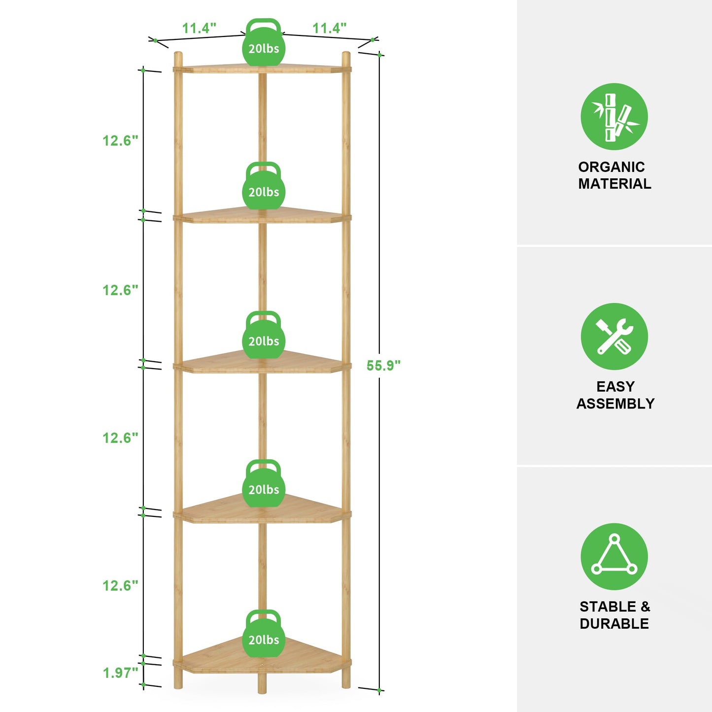 Wisuce Corner Shelf Stand - 5 Tier Natural Bamboo Small Corner Bookshelf for Office Kitchen Bedroom Plant Stand Living Room Decor Small Space