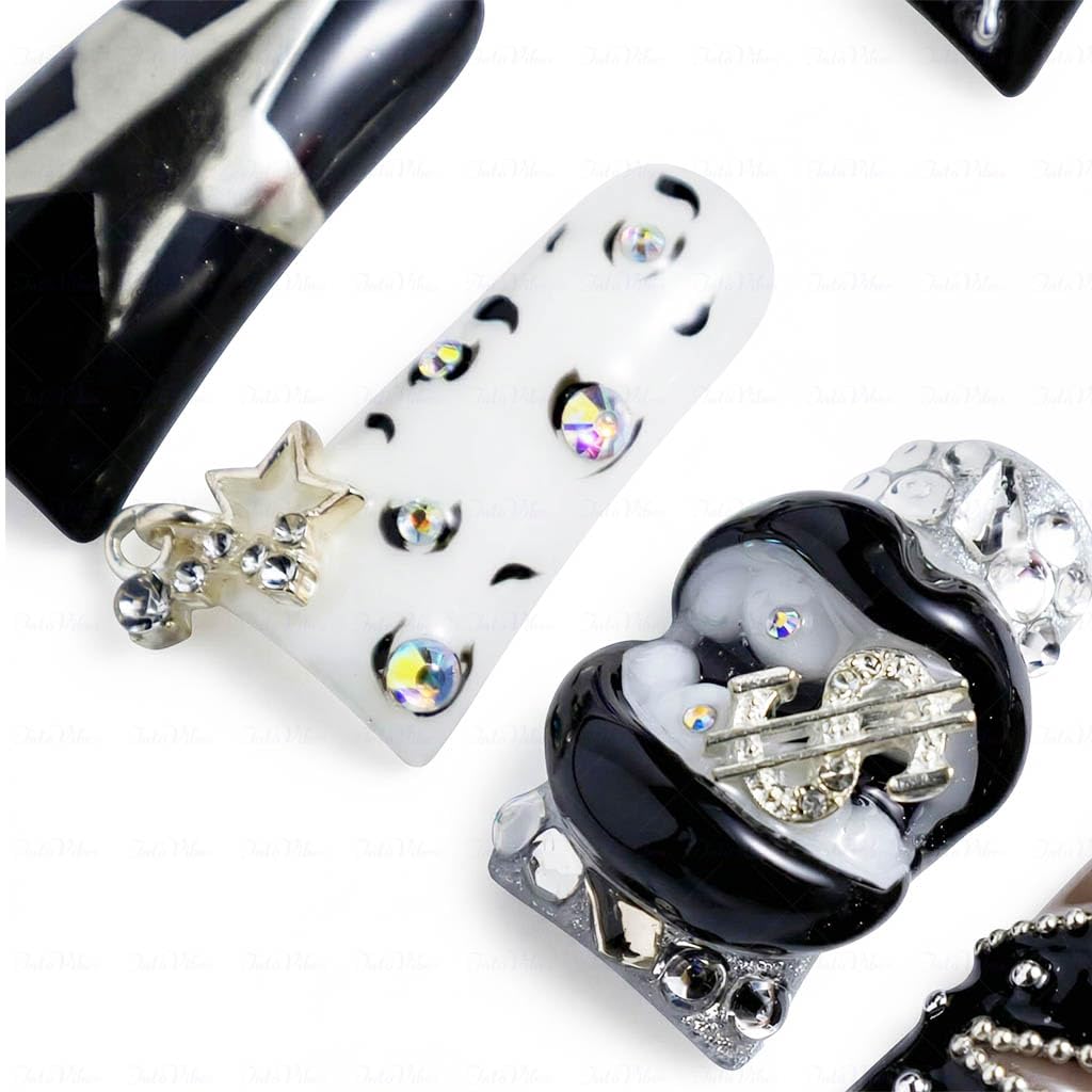 IntoVibes 10 Pieces Luxury Acrylic Press On Nails Long Handmade Duck Nails, White And Black Thickened False Nails, Exaggerated Lips And 3D Dollar Sign, Reusable Fake Nails, Acrylic Nails (M)