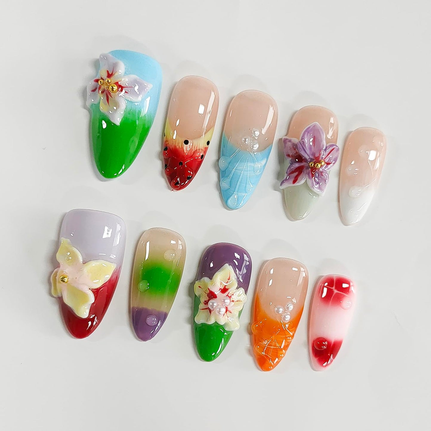Handmade Press on Nails Almond Medium 3D Floral French Tip Thick Acrylic Fake Nails False Nails with Flower Polka Dots Pearls Designs Colorful Sturdy Nail Art Press on Nails 10Pcs(M)