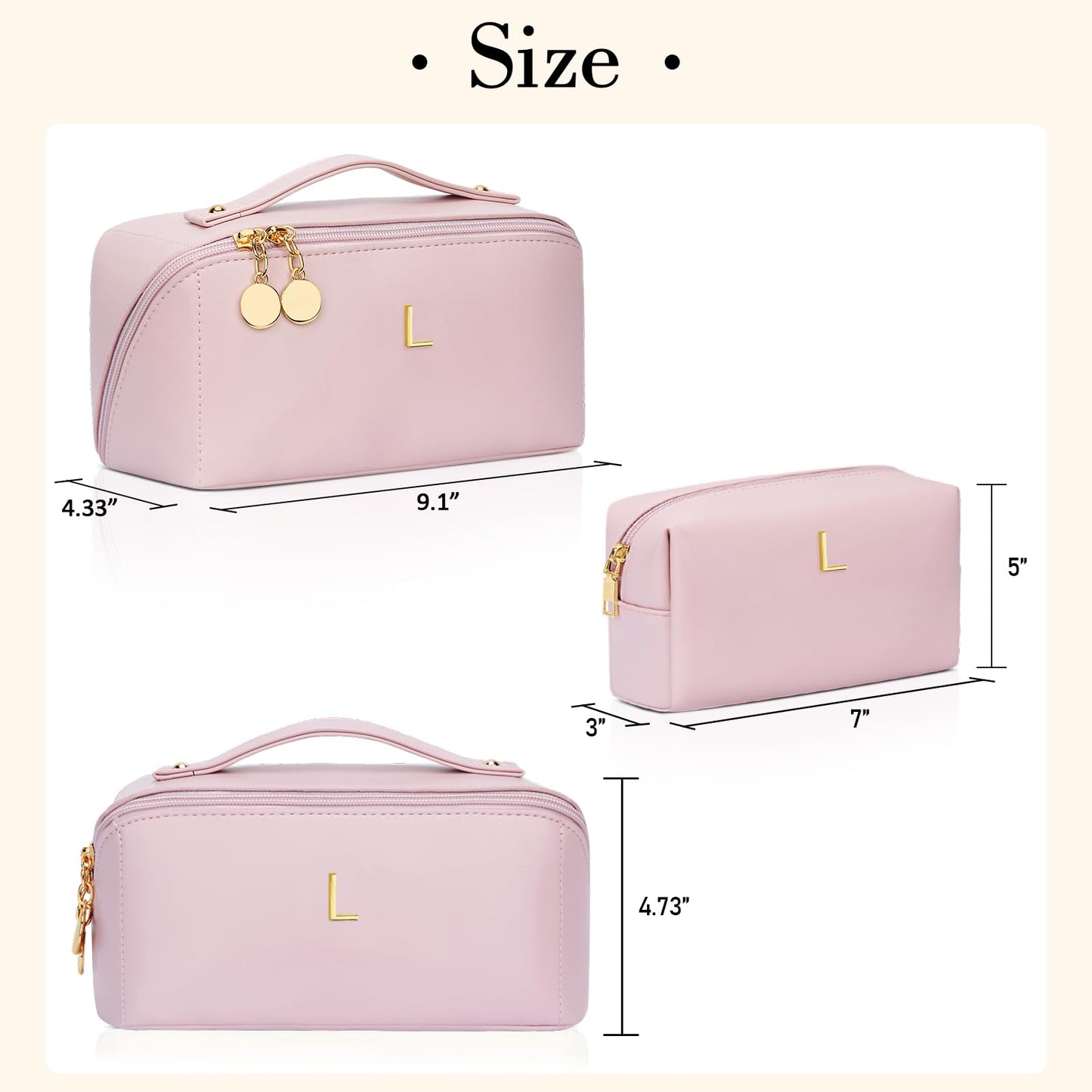 CLOUDWINGS Birthday Gifts for Women Teen Girl, Personalized Initial Makeup Organizer Bag Set, Open Flat Travel Cosmetic Bag With Clear Divider and Handle(Pink,L)