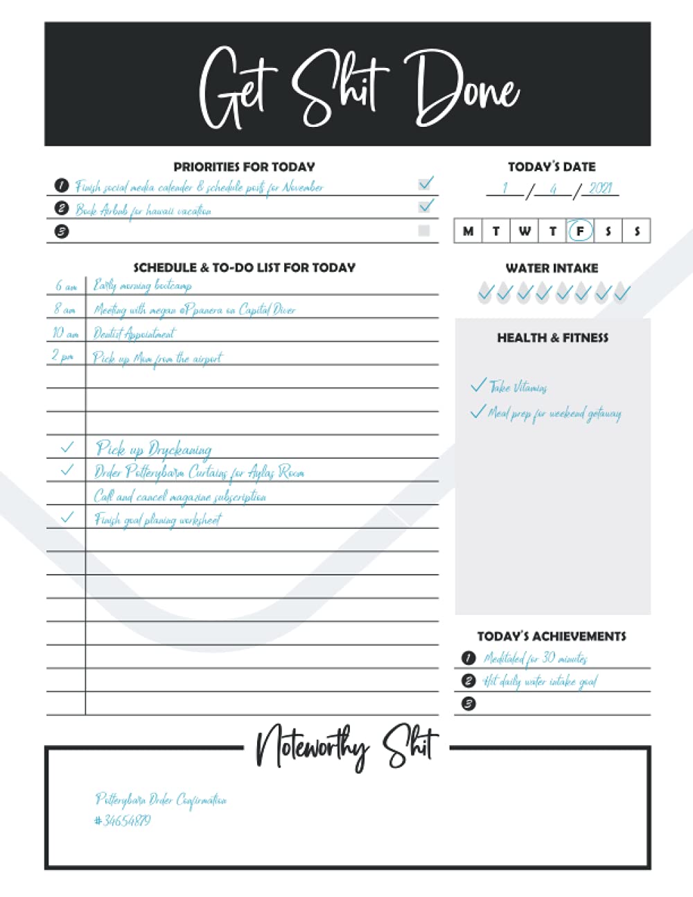 AZ PRO Collections Get Shit Done: Daily Planner , 50 Undated Sheets, Desk Notepad, Schedule, To-Do List, Task Planner, Productivity Organizer, Health & Fitness Tracker, 8.5x11