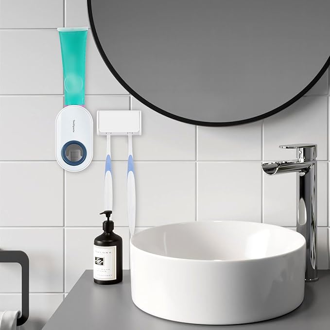 Toothbrush Holder Wall Mounted with Cover for Bathroom, 2 Slots Toothbrush Storage Organizer for Shower, Self Adhesive Toothbrush Hanger with Automatic Toothpaste Squeezer Dispenser