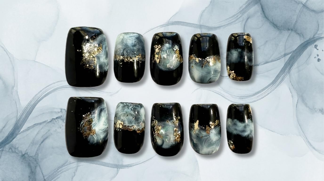 Golden Twilight - Handmade Short Coffin Press on Nails Black White Ombre Fake Nails with Graffiti Design 10Pcs Size L Complete Kit Press Ons - Eli Miré