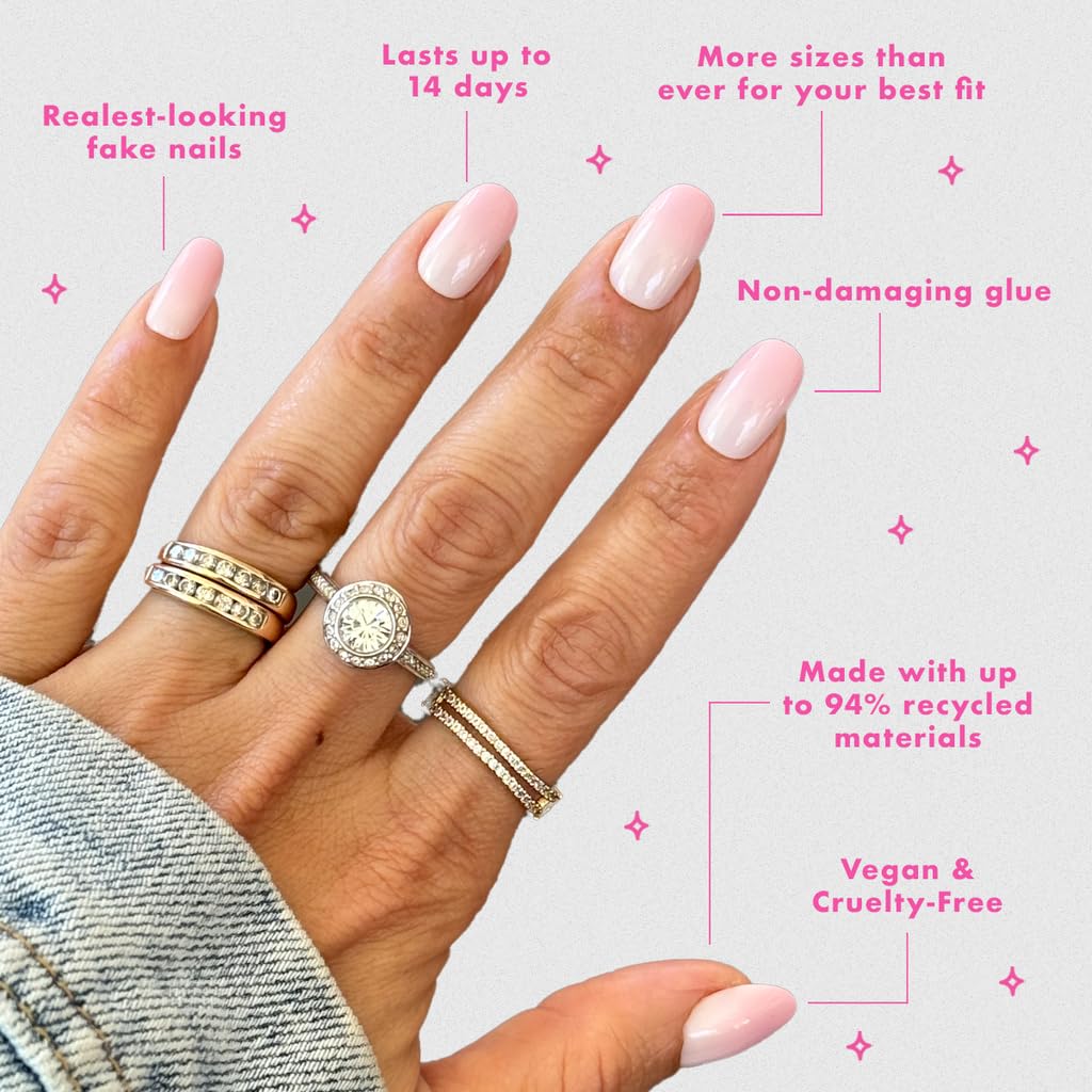 Olive & June Minimalist Instant Mani Press On Nails (Glue) | 42 Fake Nails, 21 Sizes | Non-Toxic, Long-Lasting Barely-There Look | Salon-Quality at Home | Short, Round | Rose Syrup Gradient