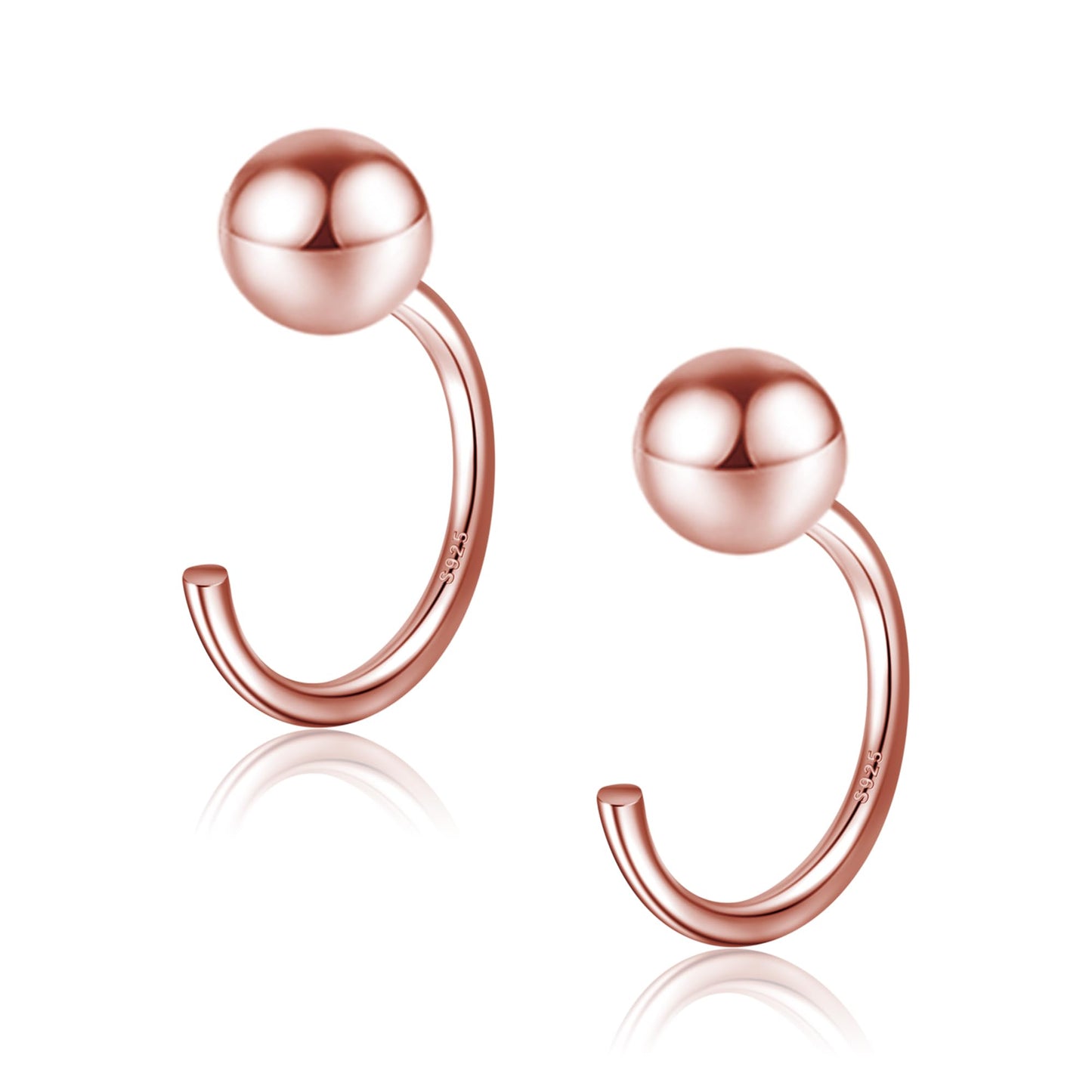 Half Hoop Earrings 18K Rose Gold Plated 925 Sterling Silver Ball Huggies Hoop Earrings for Women Little Ball huggie hoops Open Hug Hoop Earrings