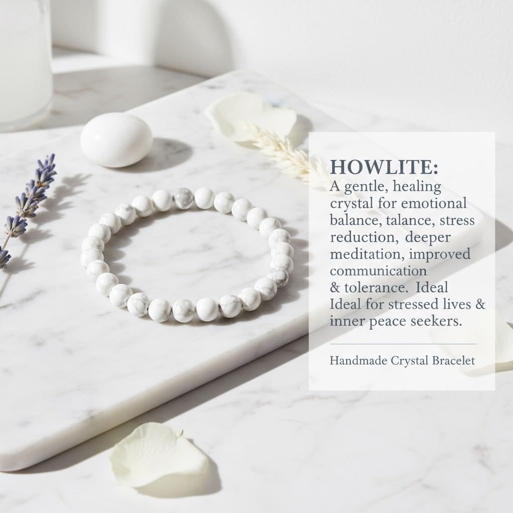 The Vida Handmade AAA+ Quality Crystal Stretch Elastic Bracelet - Nature Gemstone - Jewelry Gift - Holiday Gift - For Women & Men (Howlite)