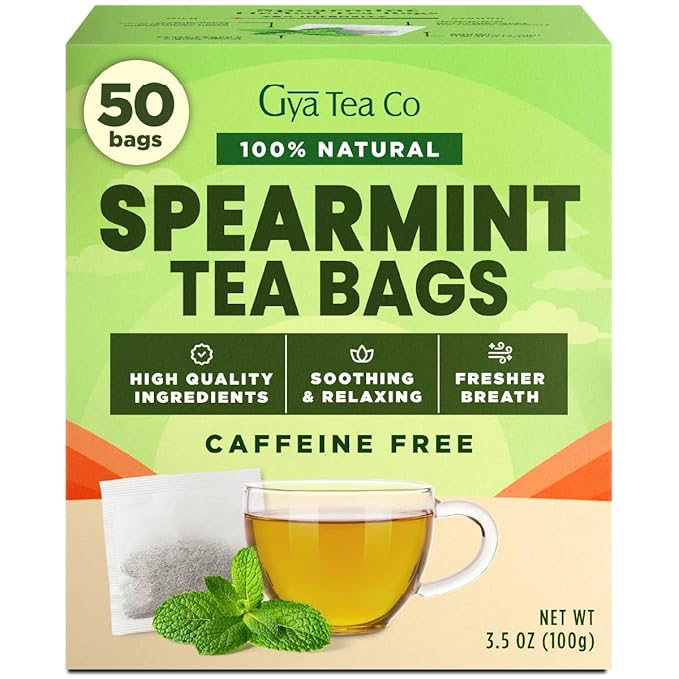 Gya Tea Co Spearmint Herbal Tea Bags (50 Bags) - Caffeine Free with a Tangy Flavor for All Day Comfort, Calming, Relaxing & Nourishing - Fruit & Herbal Blends