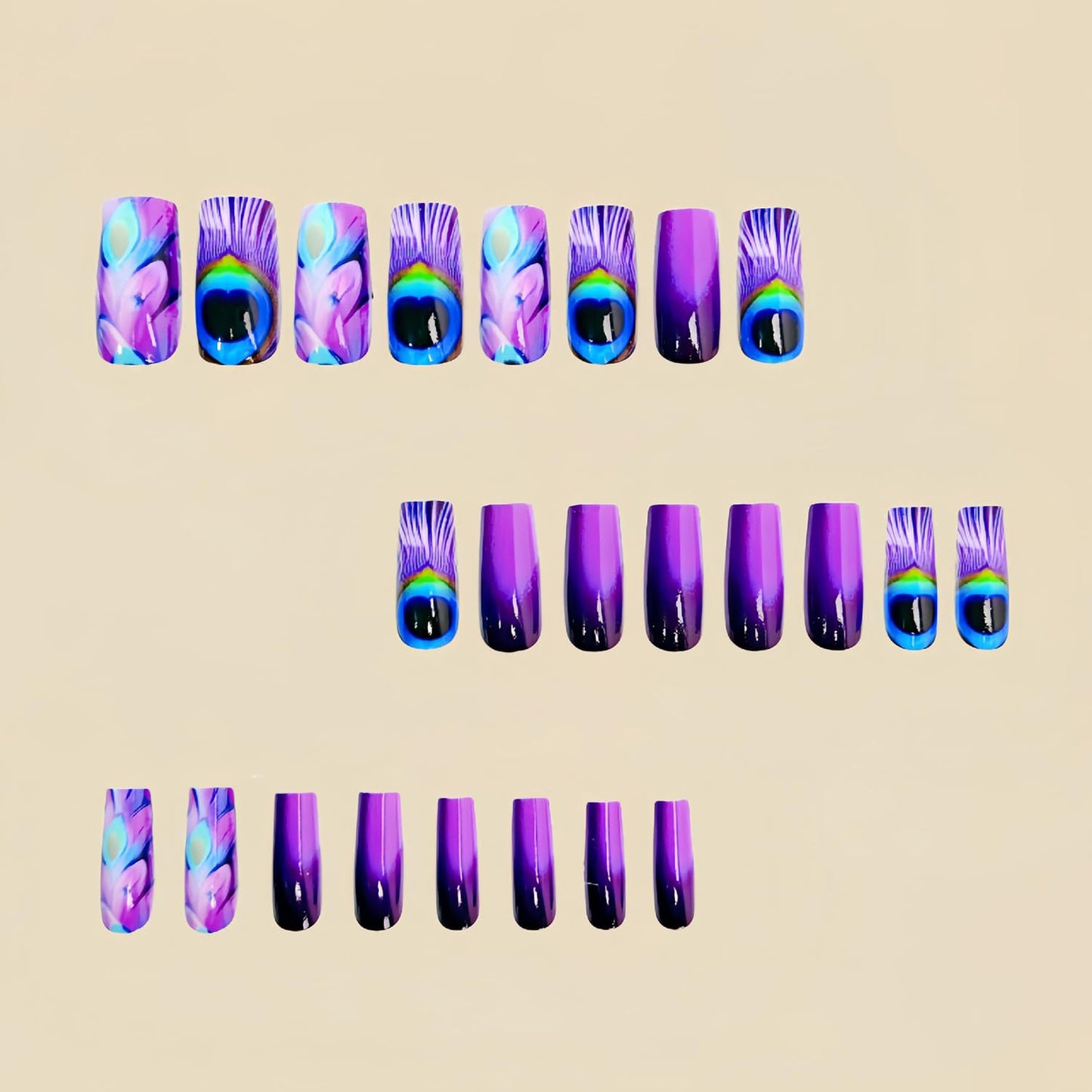 CJDLTS 24Pcs Purple Peacock Feather Pattern Design Acrylic Ballet Shaped Glitter Nails, Full Cover Coffin Nails, Glossy, Press On Nails, Medium Length, 1 Box, 24 Pieces