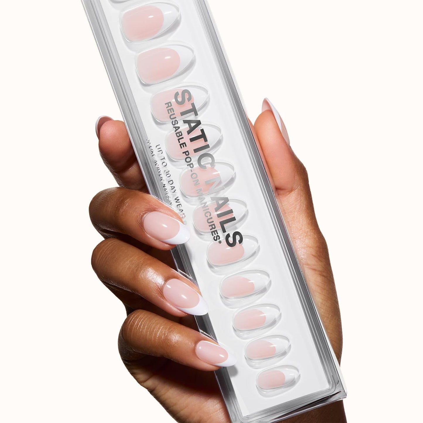 Static Nails Reusable Pop-On Manicures. French Tip Press On Nails, Short, Almond. Like-Acrylic, Salon Quality. Long Lasting & Can be Reapplied. Chic French. 30 PK/15 Sizes.