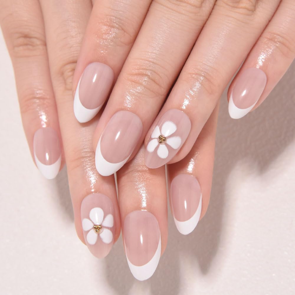 evpct French Tip Press On Nails Short Almond No Glue, Nude Wihte Tips & 3D Flowers, Glossy Short Almond Fake False Press on Nails, Soft Stick on nail Press ons with Nail Kit, Reusable Salon-quality