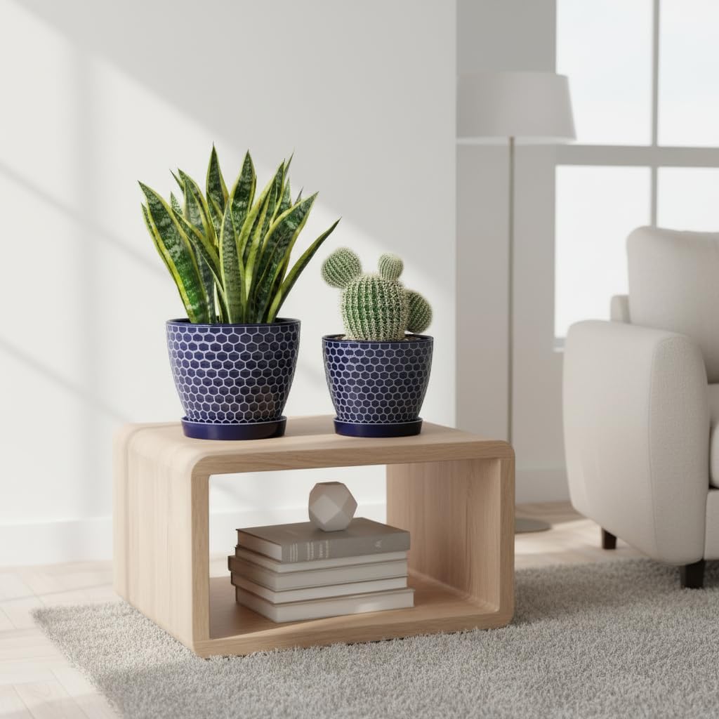 Docrin Blue Honeycomb Ceramic Plant Pot Set - 6.6"+5.5" Inch, Modern Decorative Planters with Drainage Holes & Saucers for Indoor/Outdoor Home Office