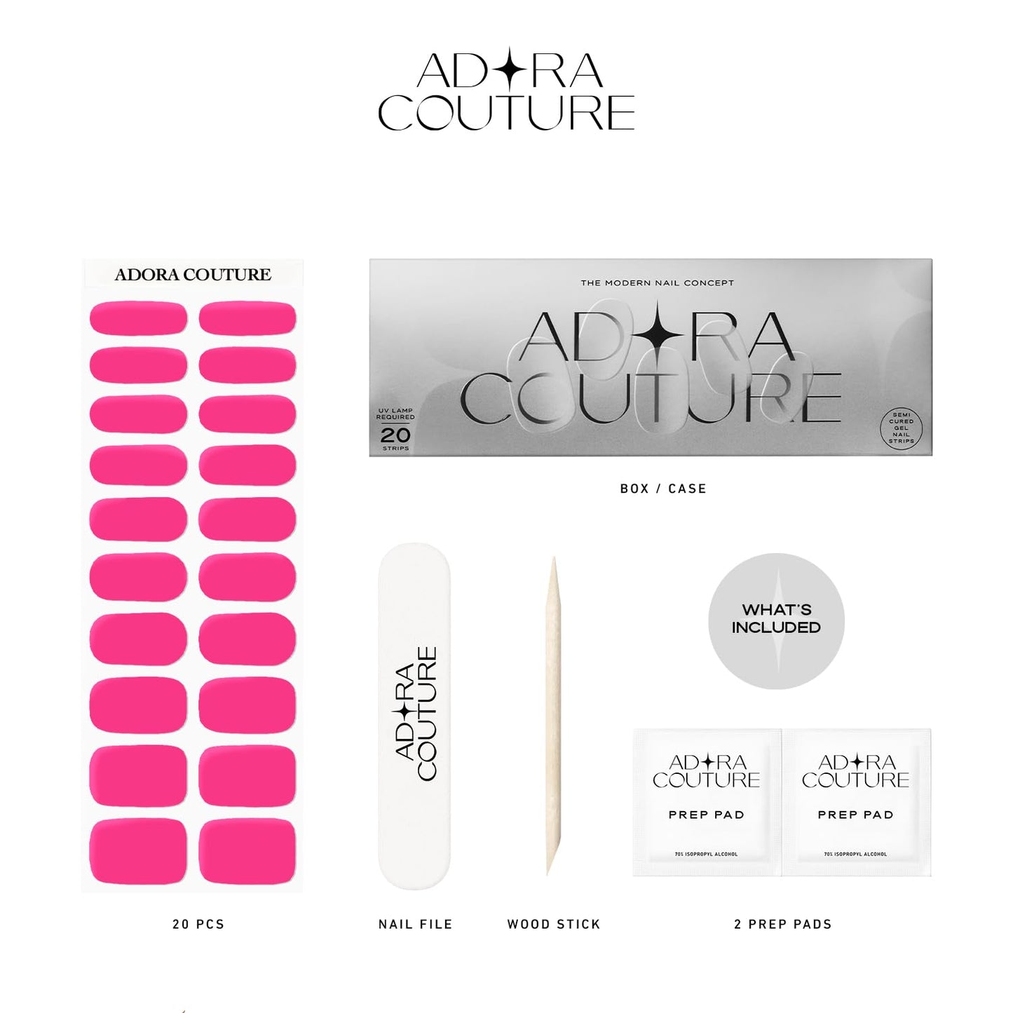 Adora Couture Semi Cured Gel Nail Strips with 20 Pieces - UV Gel Stickers, Manicure Kit, Easy Application Wraps Includes Prep Pads, Nail File, Wooden Stick - UV Light Required (Pop Pink)