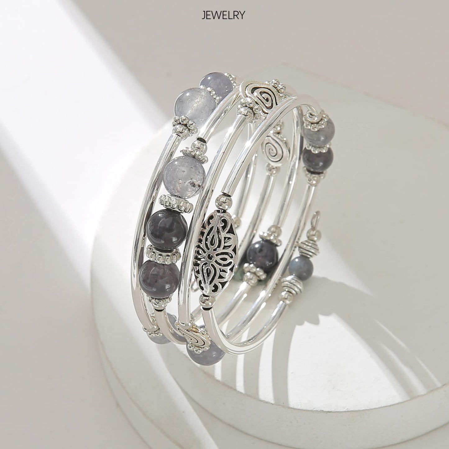 FULU AUTUMN Stackable Beaded Bracelets for Women Boho Wrap Silver Bracelet Layered Fashion Jewelry Gifts for Her(17-Grey)