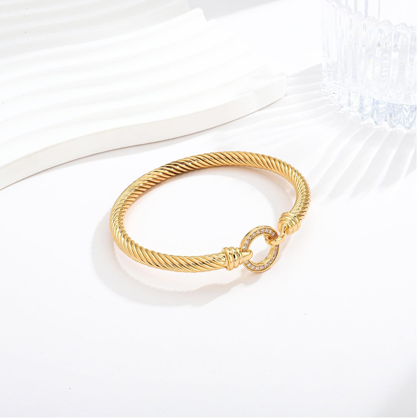 WOWORAMA Gold Twisted Cable Wire Bracelet for Women Stainless Steel Gold Plated Cable Cuff Bracelets with CZ Circle Clasp Bangle Bracelets Minimalist Jewelry