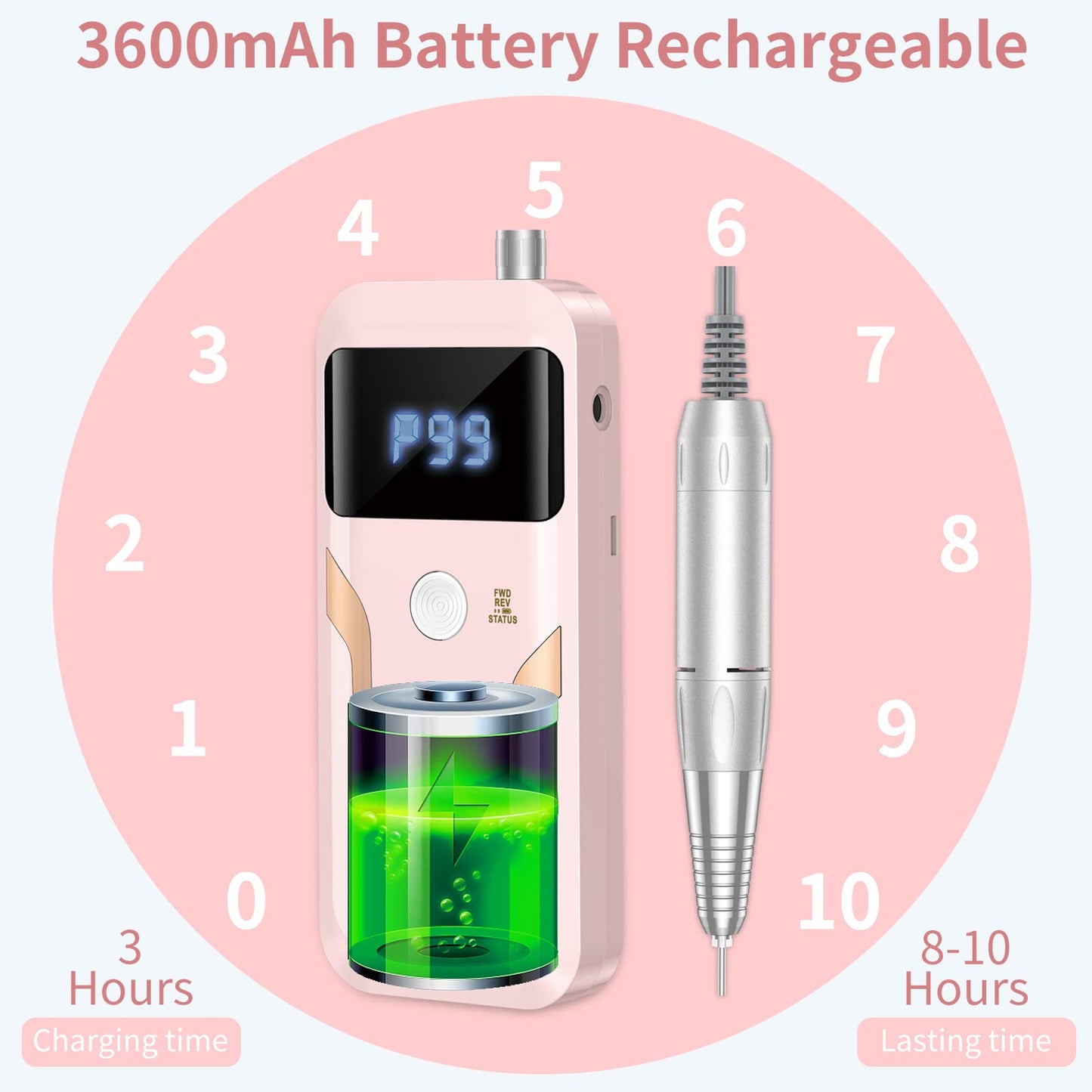 MOCOWIND Portable Nail Drill Professional 35000 RPM, Rechargeable Electric Nail File Machine Cordless E-File for Acrylic Gel Polishing Removing with Bits Kit for Manicure Salon Home, Pink