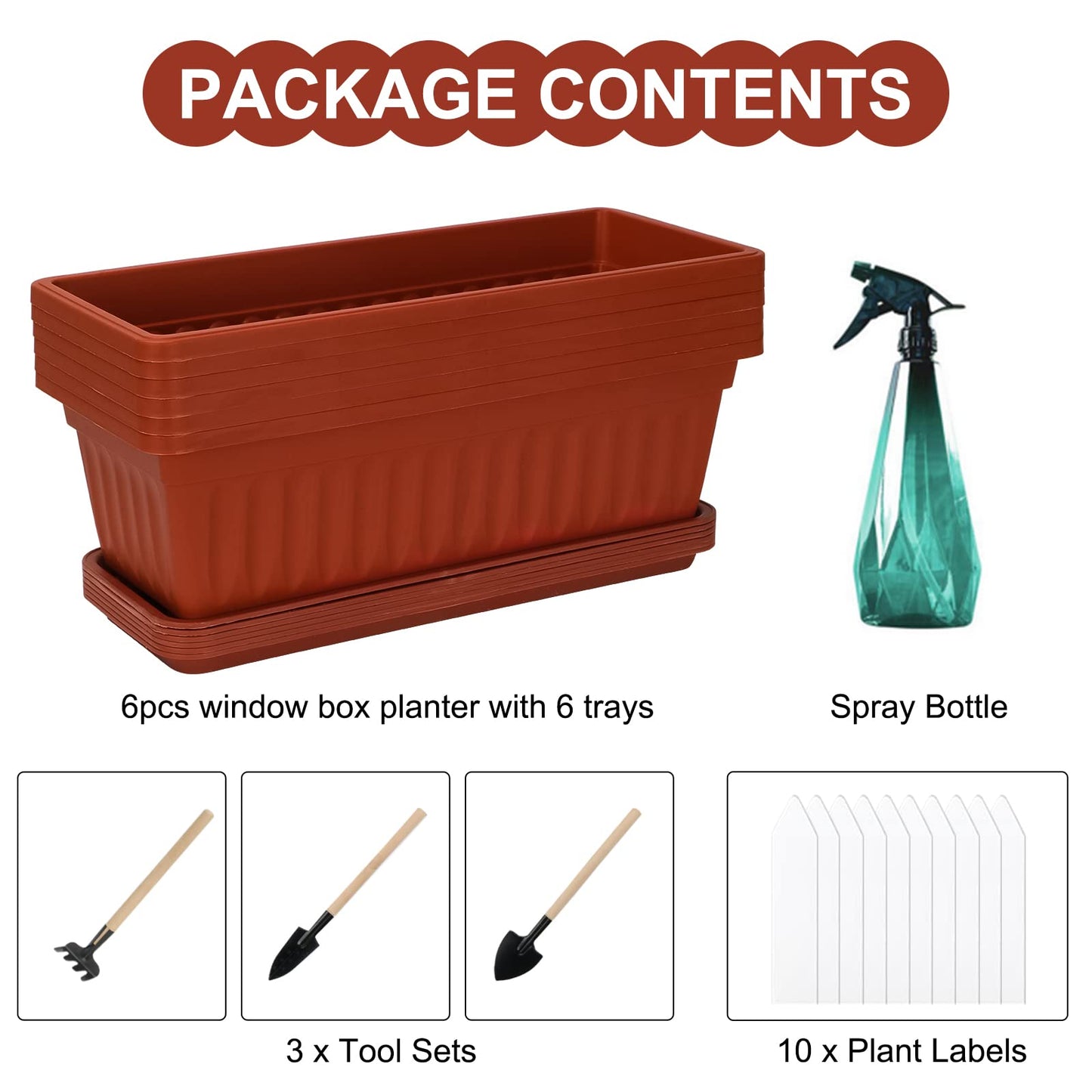 OSMOFUZE 6 Packs Window Box Planter, 17 Inches Flower Window Box Rectangular Plastic Vegetable Planters with Trays for Windowsill, Patio, Garden, Balcony, Brick Red