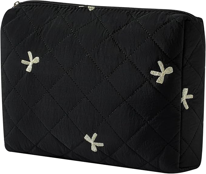 3Pcs Aesthetic Cotton Quilted Drawstring Makeup Bag Set, Aesthetic Cute Bow Makeup Pouch for Girls and Women, Aesthetic Travel Organized Cosmetic Bags for Purse(05Black Bow)
