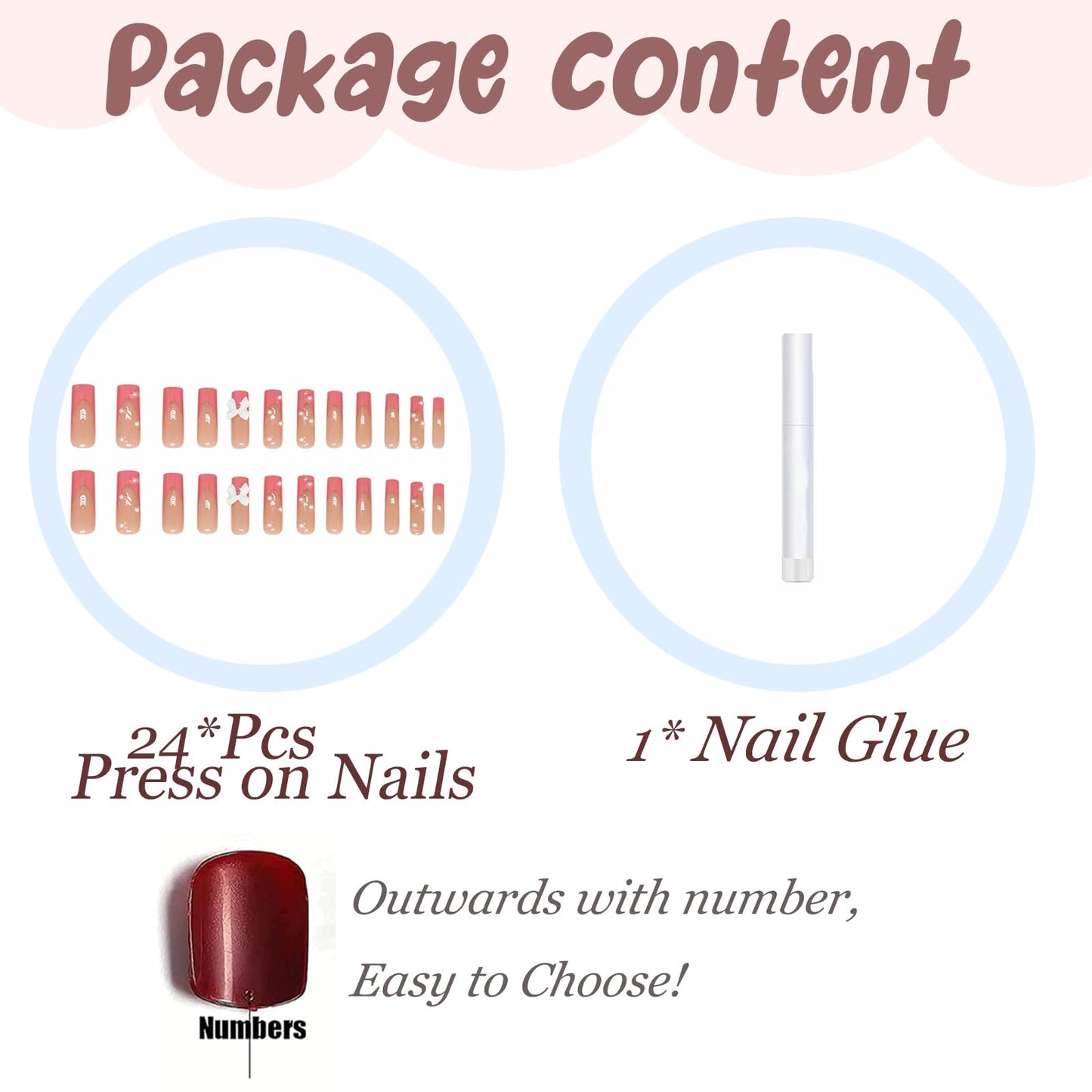 BABALAL Long Square Press on Nails Pink French tip Fake Nails with Bow Charm 24Pcs Acrylic Nails Supplies Pearl Stick on Nails with Glue Squoval Manicure Artificial Nails Art