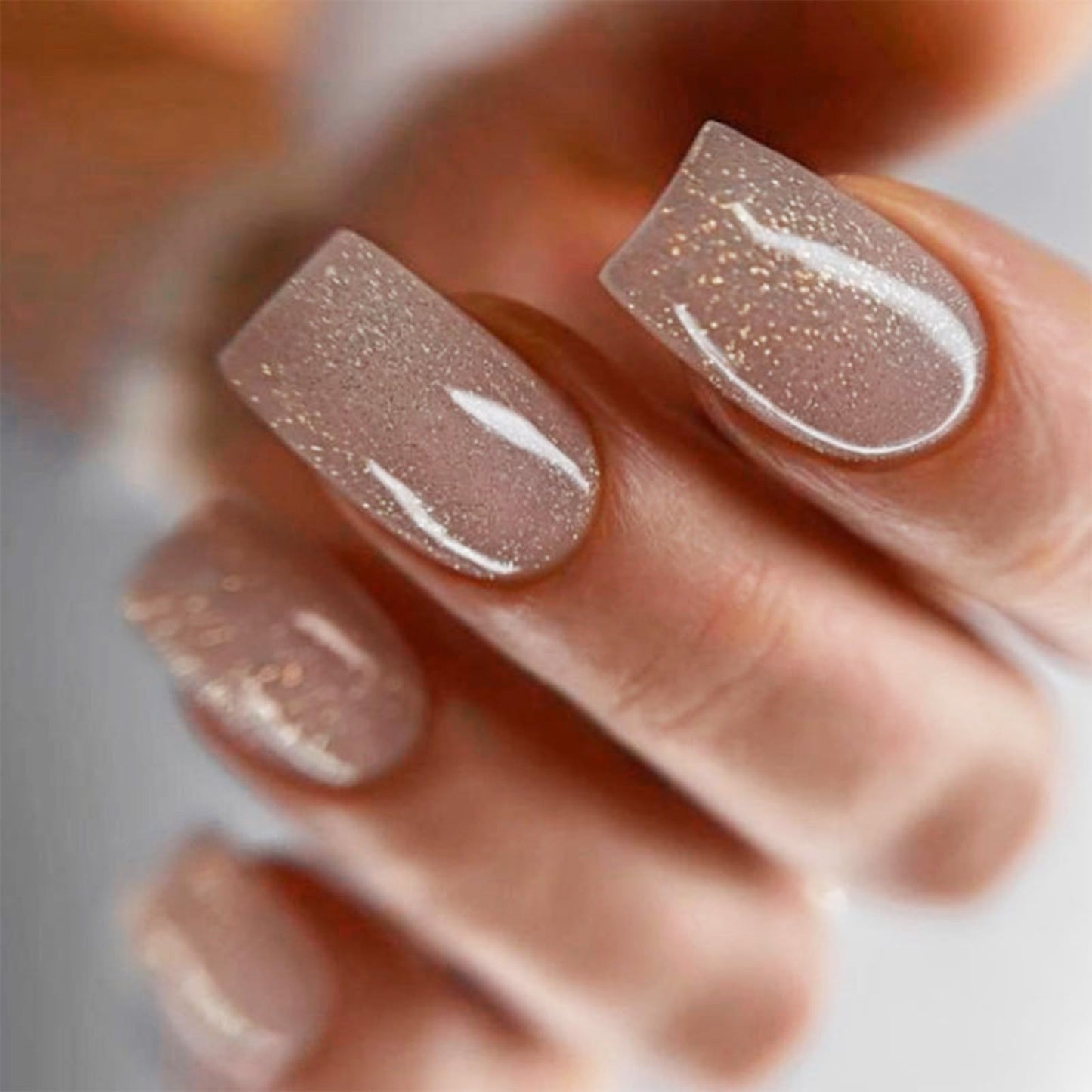 Nude Press on Nails Square Medium Fake Nails Glue on Nails with Bling Glitter Design False Nails Gel Acrylic Nails Glossy Stick on Nails for Women Nails Decoration 24Pcs