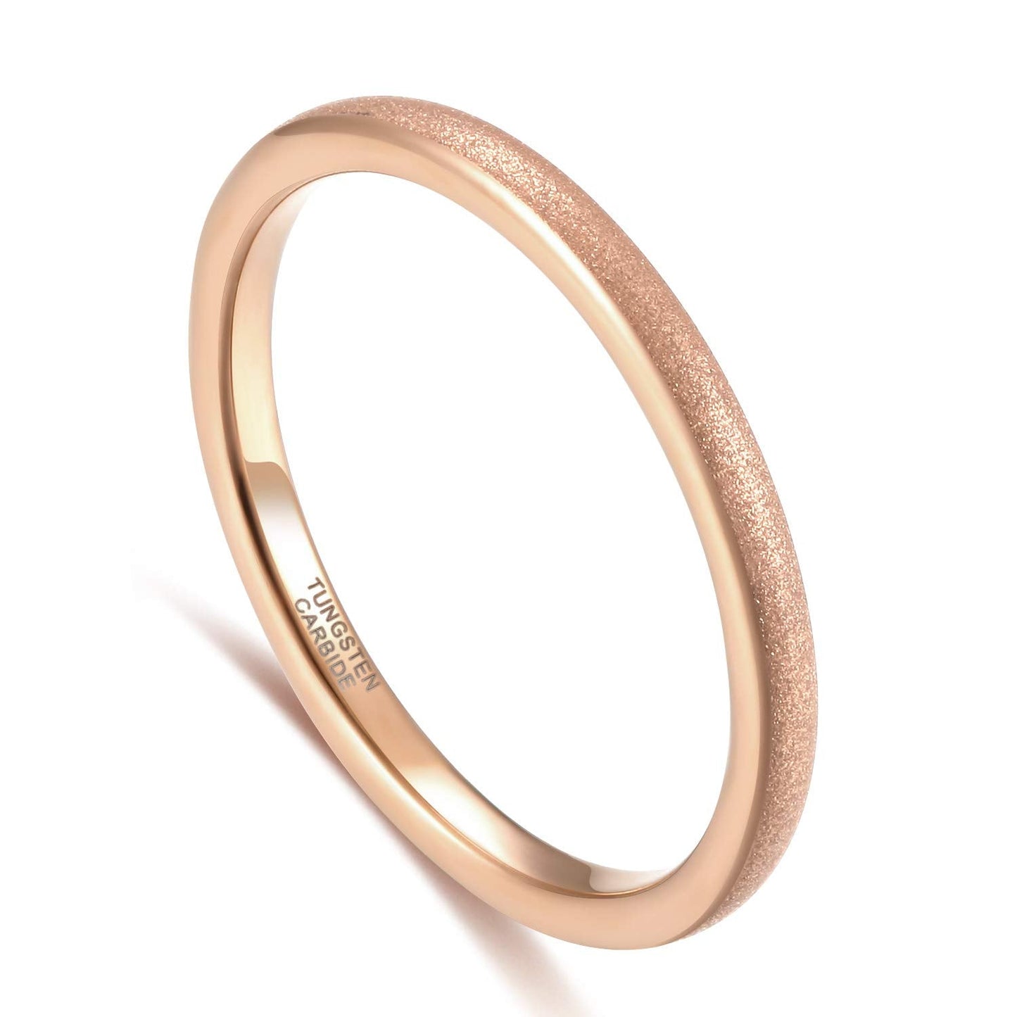 Greenpod 2mm Thin Rose Gold Plated Tungsten Ring for Women Dome Sandblasted Stackable Wedding Bands Comfort Fit Size 5