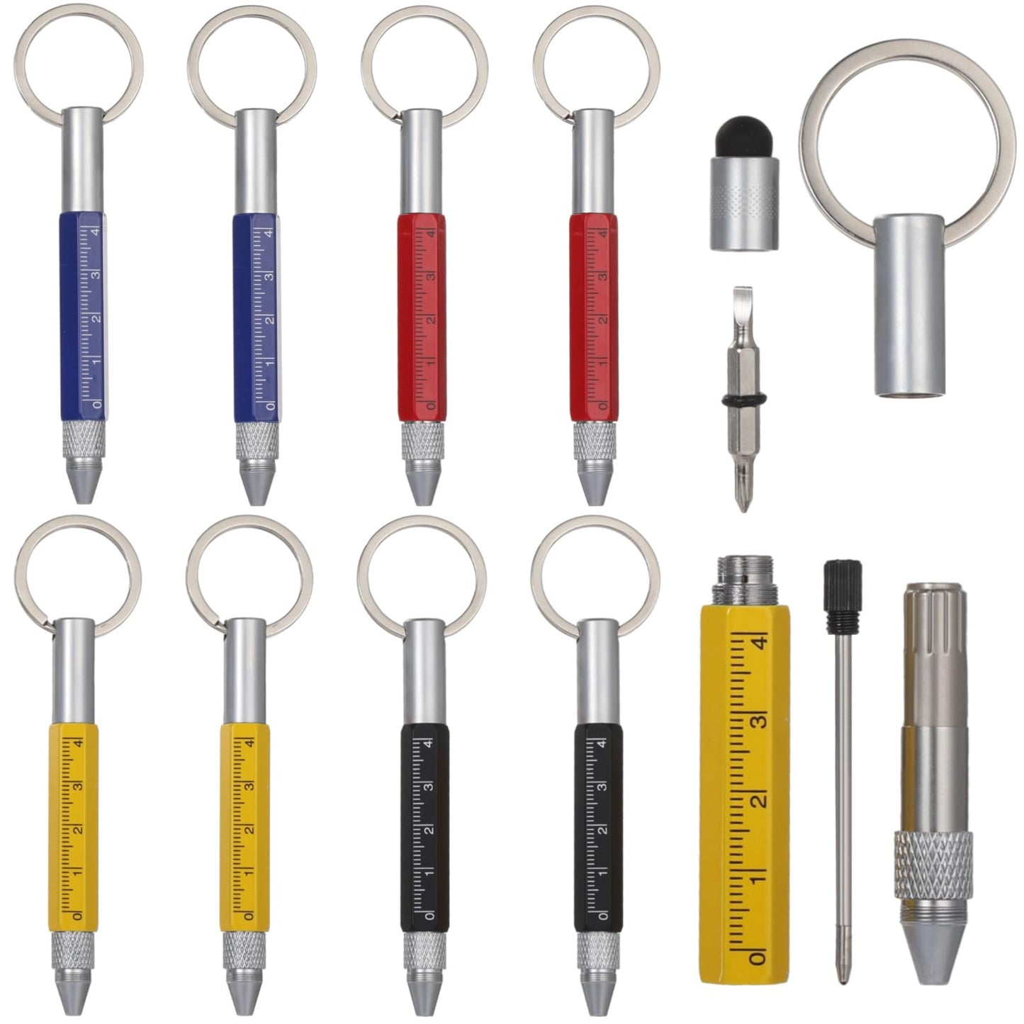 OMISTAR 8 PCS 6-in-1 Multitool Pen Keychain, Metal Ballpoint Tool Pen with Ruler, Stylus, Phillips and Flathead Screwdrivers, Pocket Tool Pens for Office, Construction, DIY, Present for Men
