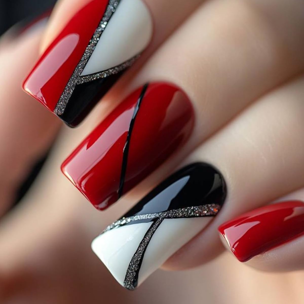 plalely Square Press on Nails Medium Red and BlackFake Nails Black and Red Splicing Stick on Nail Tips for Women 24 pcs