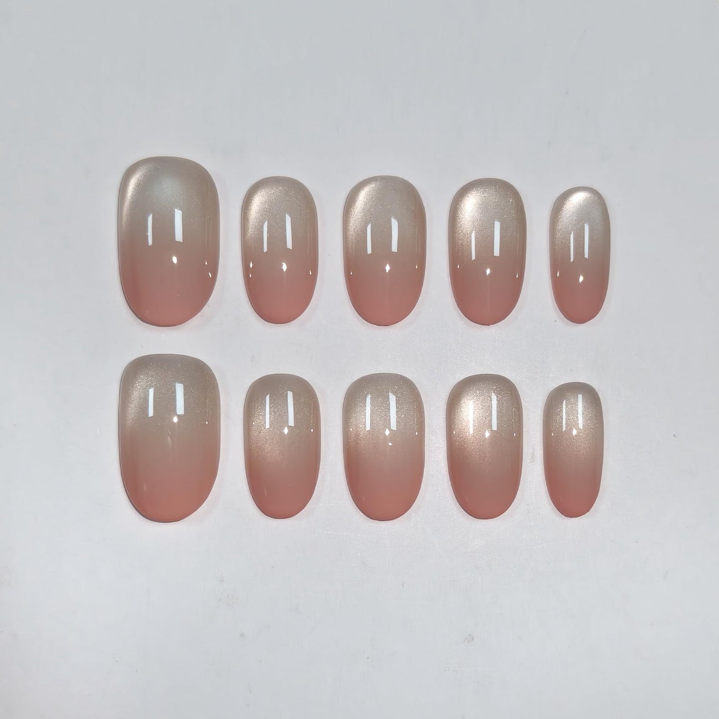 TENPAL Iridescent Cat Eye Press on Nails Medium Oval - Pink Ombre Waterglass Glitter & Handmade, Reusable Sheer False Nails for Everyday(XS)