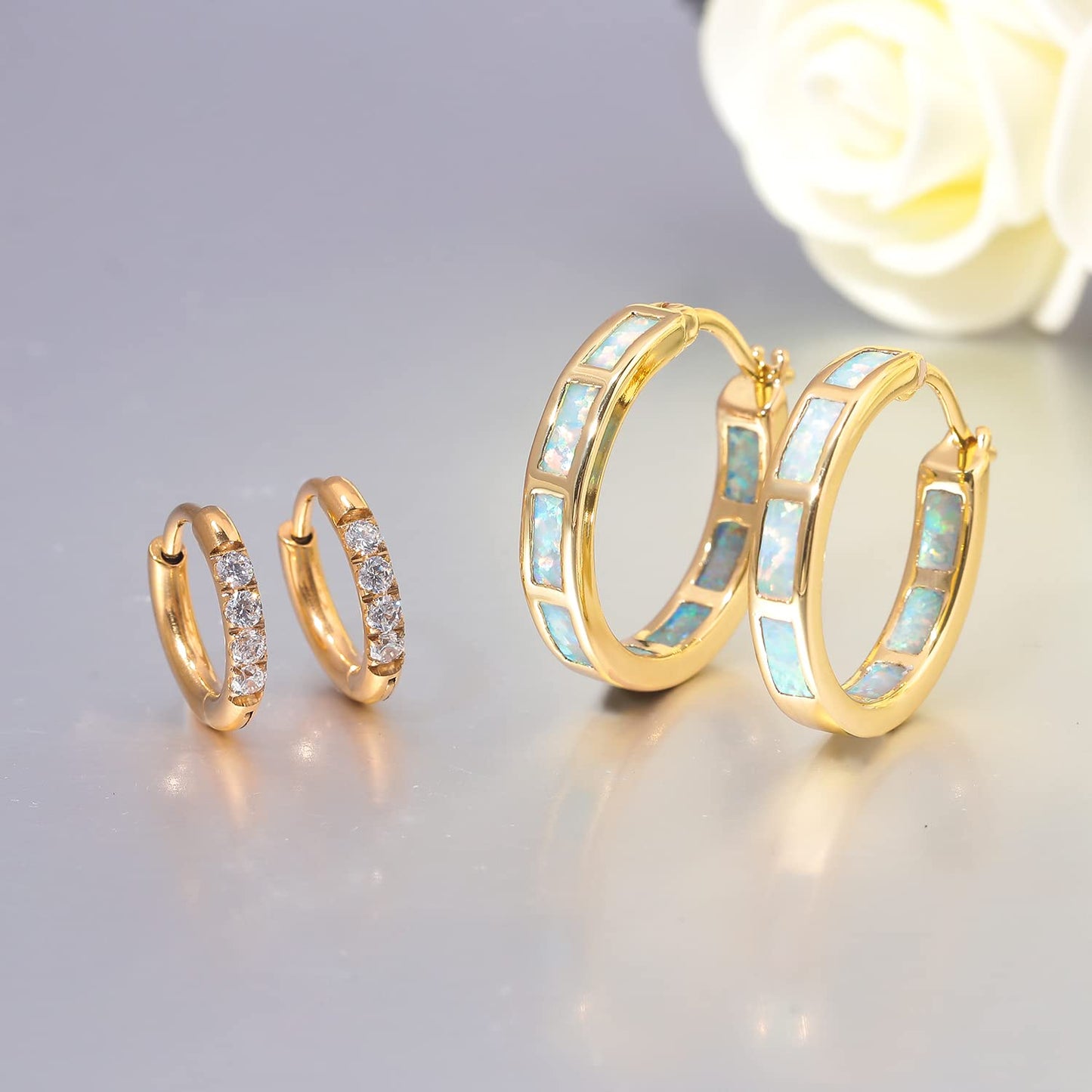 CiNily 2 Pairs Hoop Earring Set for Women Yellow Plated Opal Small Hoop Earring Hypoallergenic Cubic Zirconia Tiny Earrings