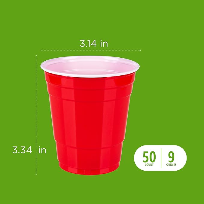 Amazon Basics Small Disposable Plastic Party Cups, Red, 9oz, 50 Count