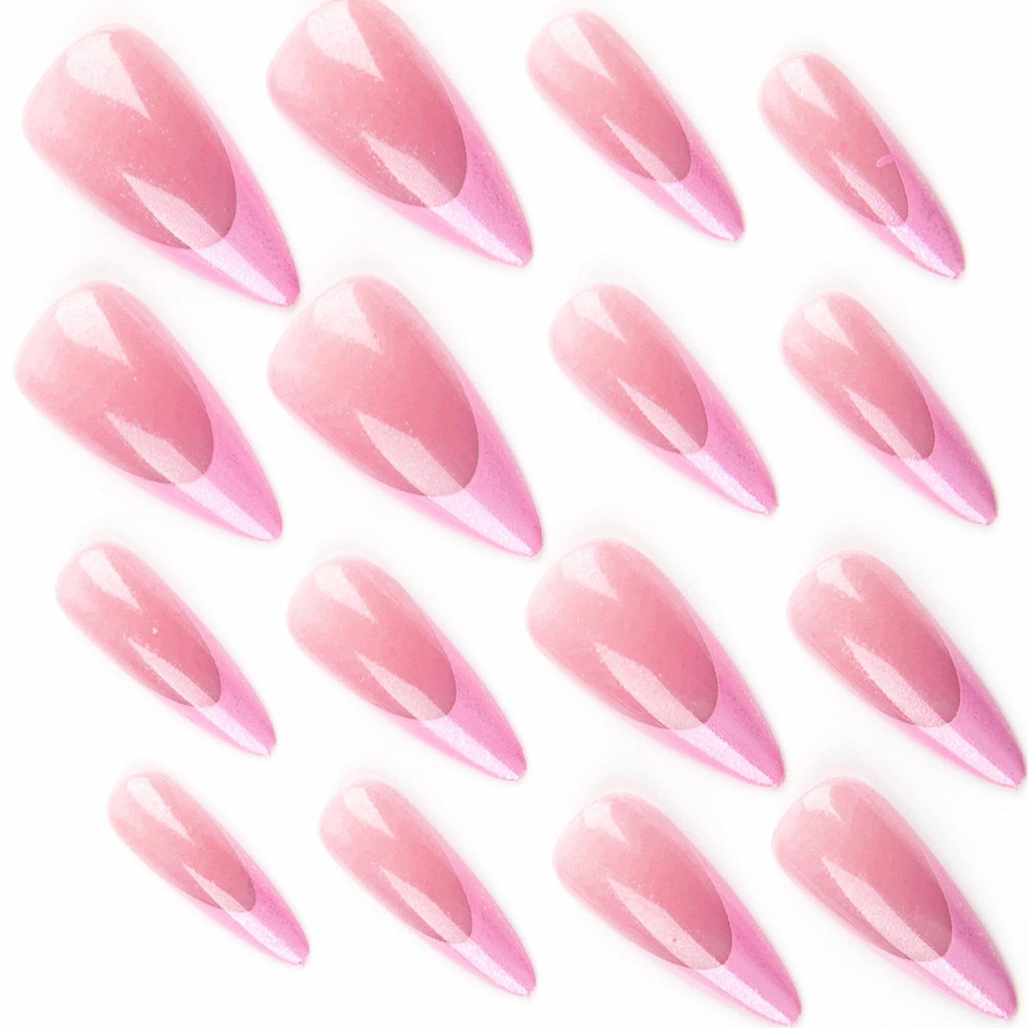 MISUD Press on Nails - Long Stiletto Glue on Nails with Pink French Tip, Acrylic Bling Glitter Design 24 pcs