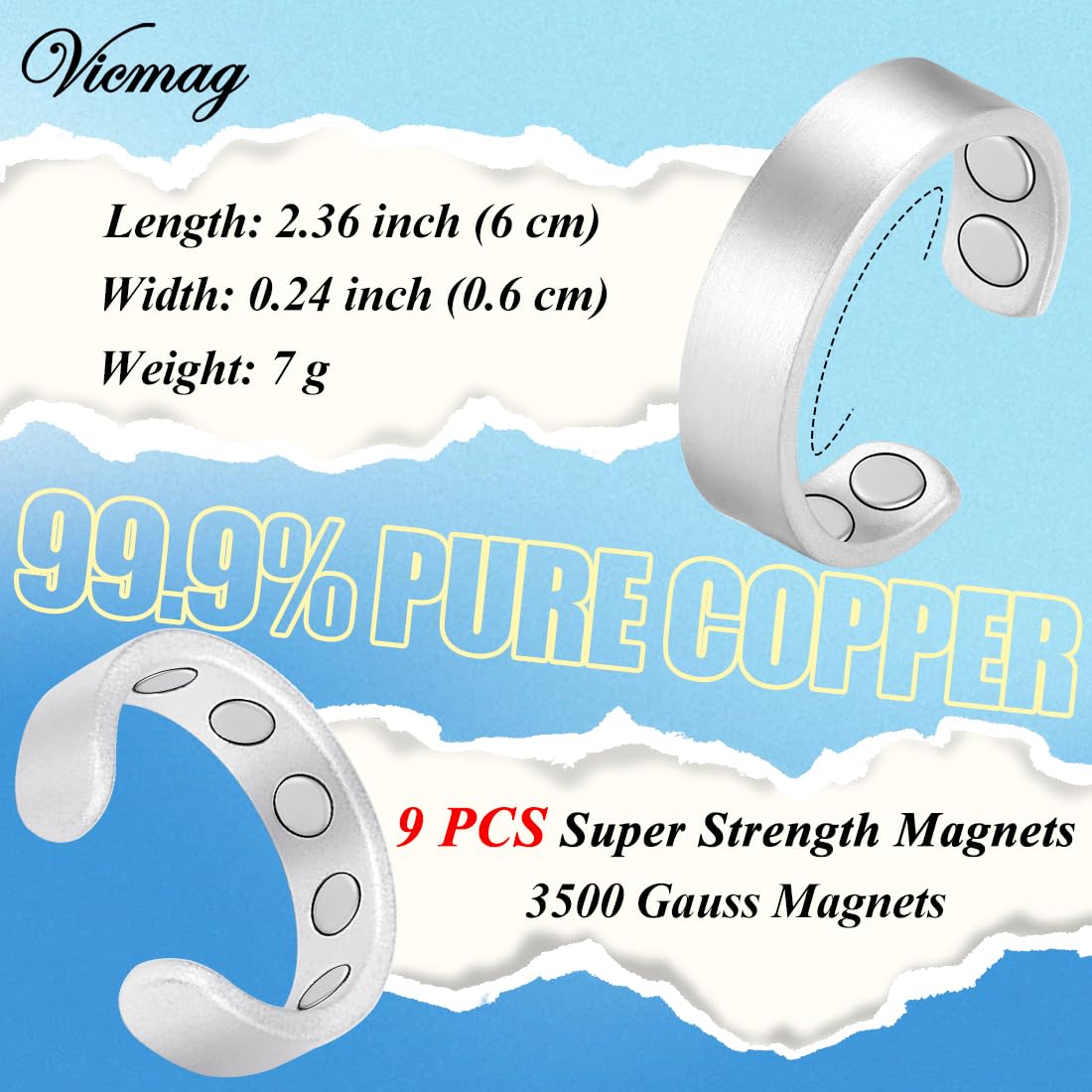 Vicmag 2PCS Magnetic Copper Rings for Women & Men,99.99% Pure Copper Ring with 9X Magnets Gift Adjustable(9X Silver)