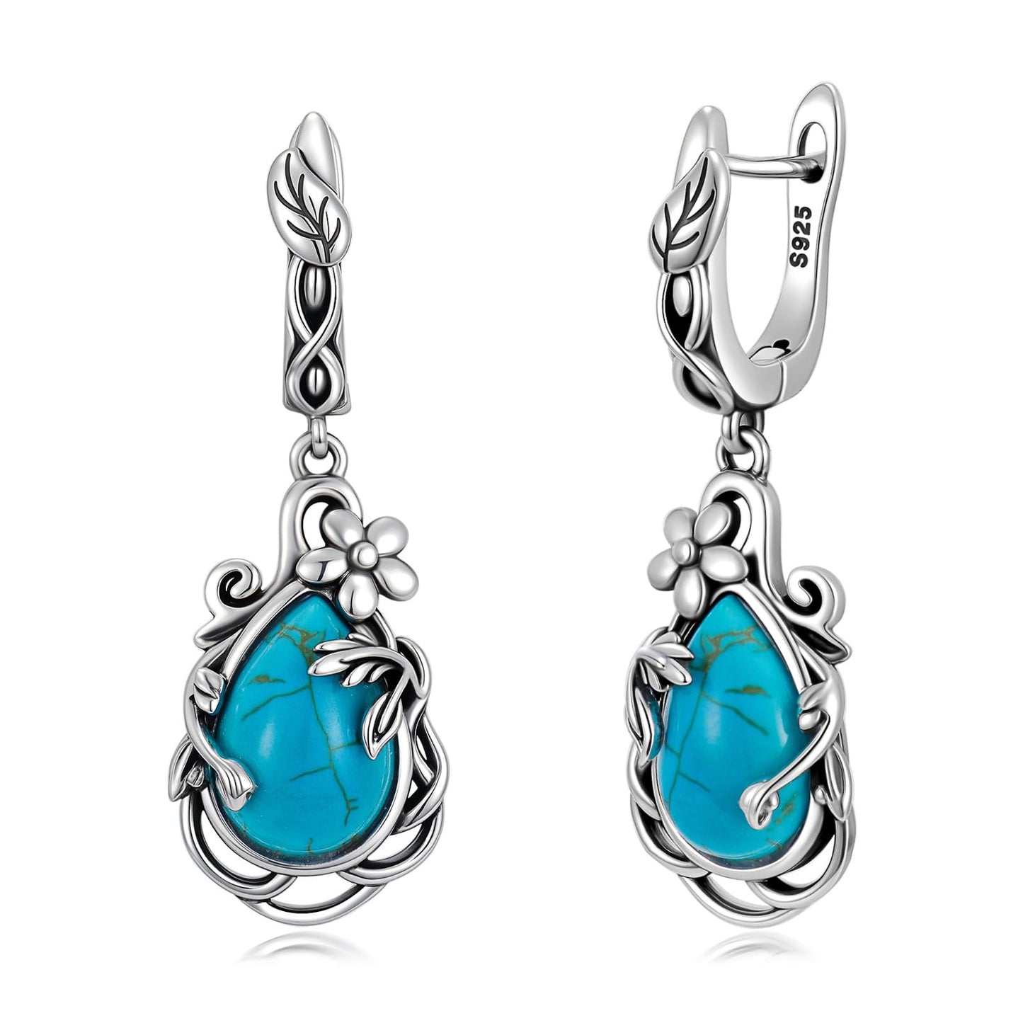 Eetaitai Natural Turquoise Dangle Earrings for Women Leaf Vine Flower Latch Back 925 Sterling Silver Earring Vintage Oxidised Boho Jewelry Mothers Day Gifts for Mom Wife Sister