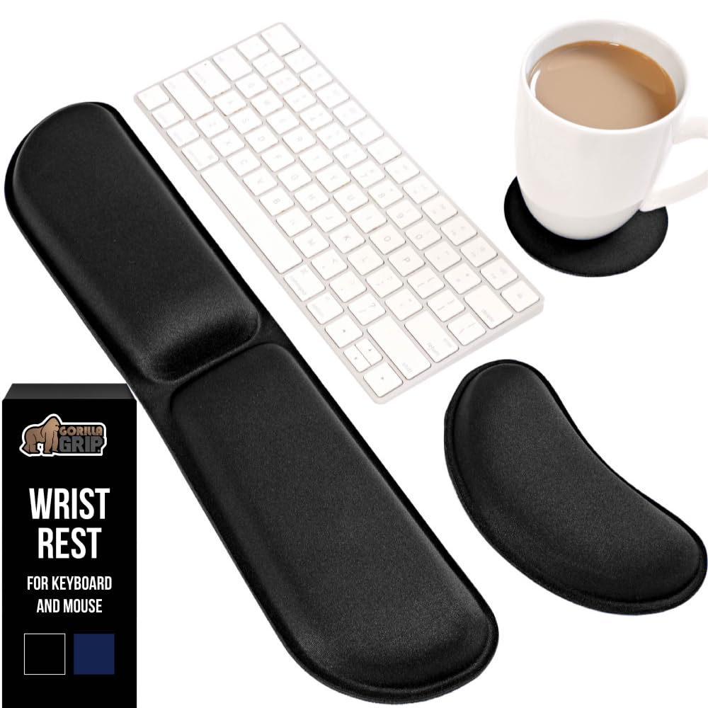 GORILLA GRIP Silky Memory Foam Keyboard Wrist Rest for Computer and Mouse, Ergonomic Typing Support Pad, Desk Office Supplies, Gaming Accessories, Hand & Arm Mousepad Cushion and Coaster Set, Black
