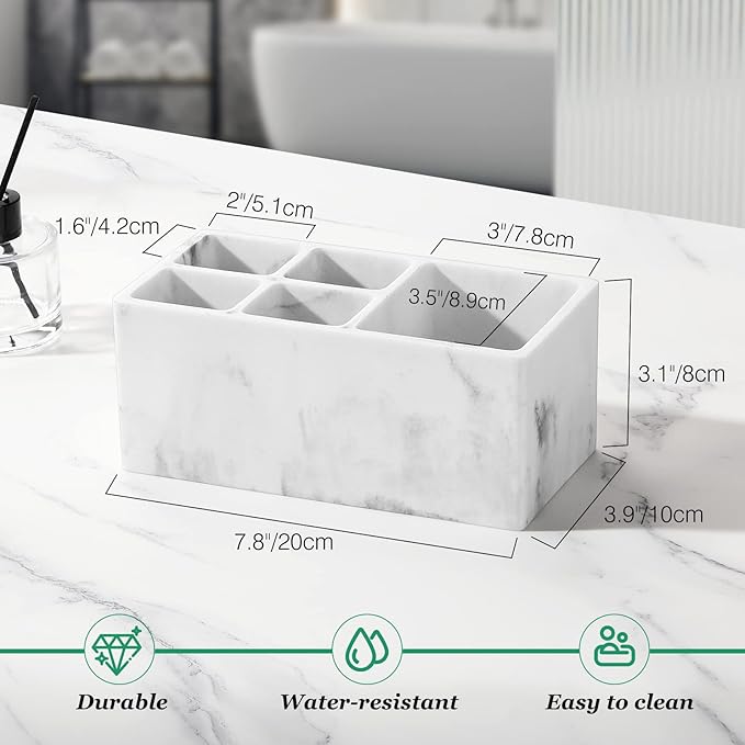 Luxspire Resin Toothbrush Holder, 5 Slots Hygienic Handmade Toothbrush Storage Stand Dispenser Bathroom Organizer Set for Toothpaste, Razor - Ink White
