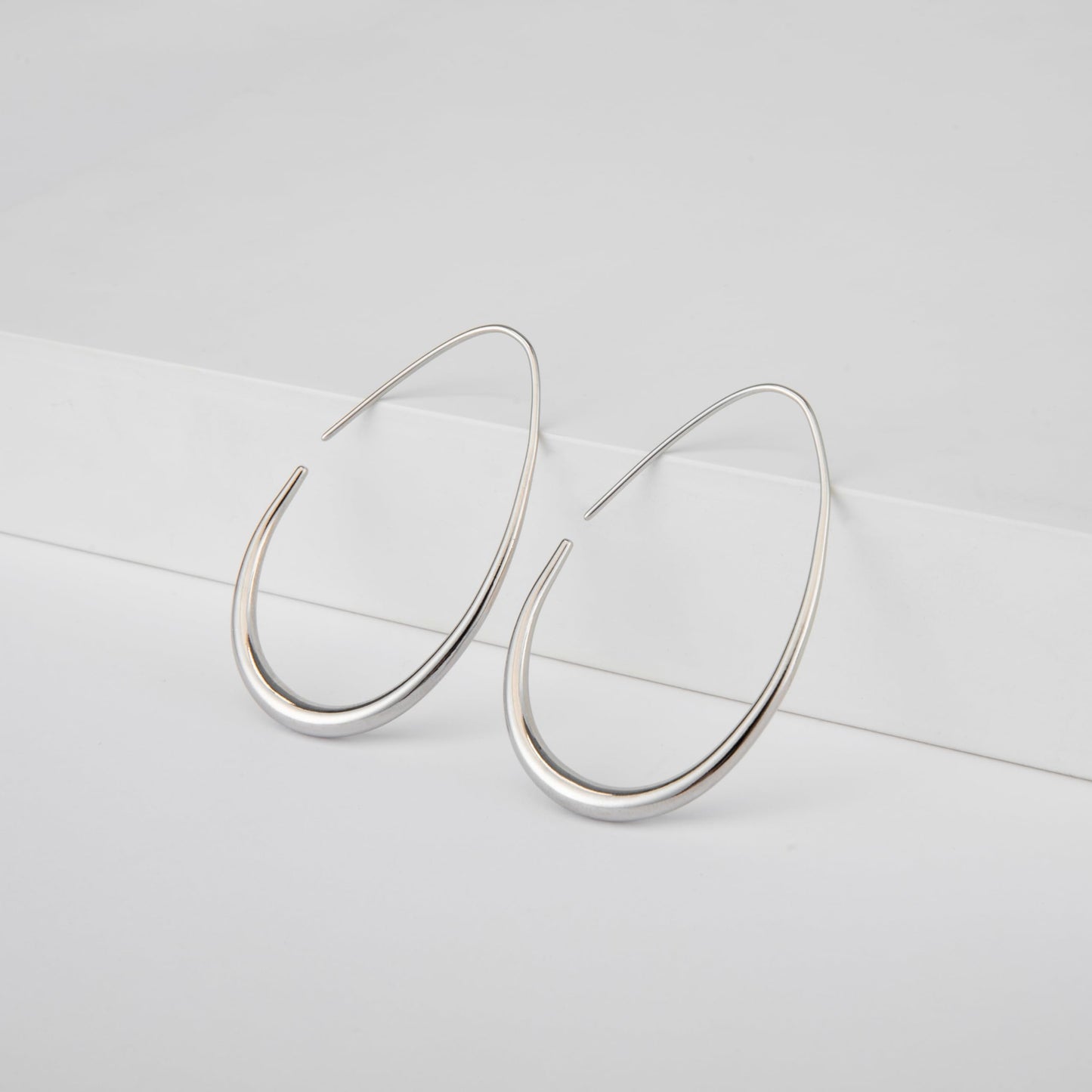 Lightweight Teardrop Hoop Earrings for Women - 14k Gold/White Gold Plated Large Oval Pull Through Hoop Earrings High Polished Statement Jewelry Gift for Women(silver 50 * 30)