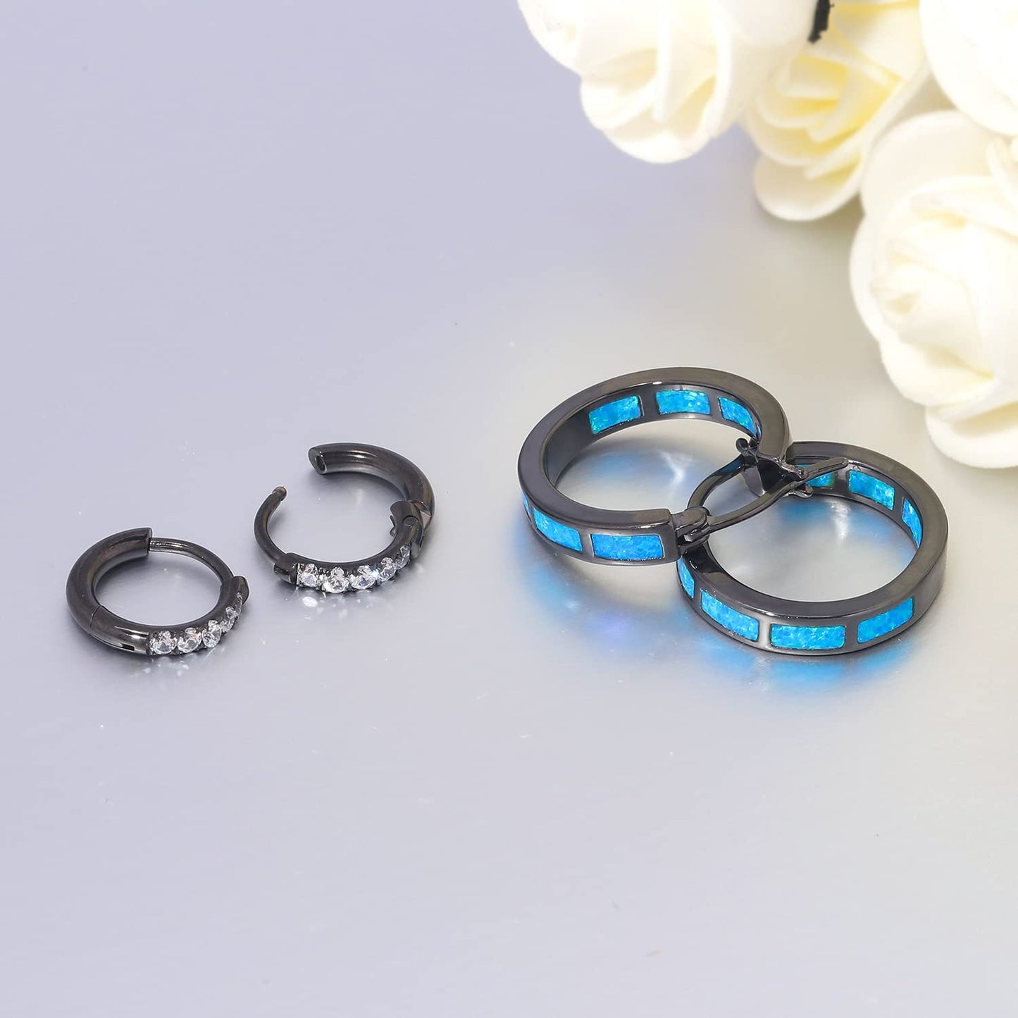 CiNily 2 Pairs Hoop Earring Set for Women Black Gold Plated Blue Opal Small Hoop Earring Hypoallergenic Cubic Zirconia Tiny Earrings