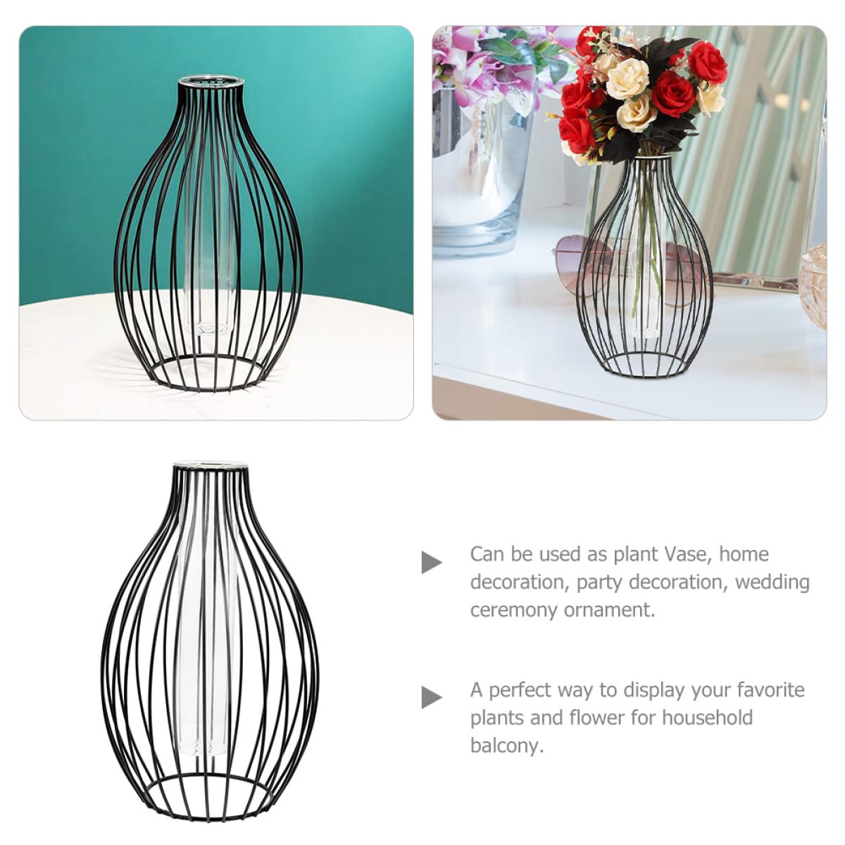 Veemoon Geometric Glass Tube Vase with Black Iron Art Frame, Small Hydroponic Plant Holder for Home Décor, Propagation Tubes Terrarium Display