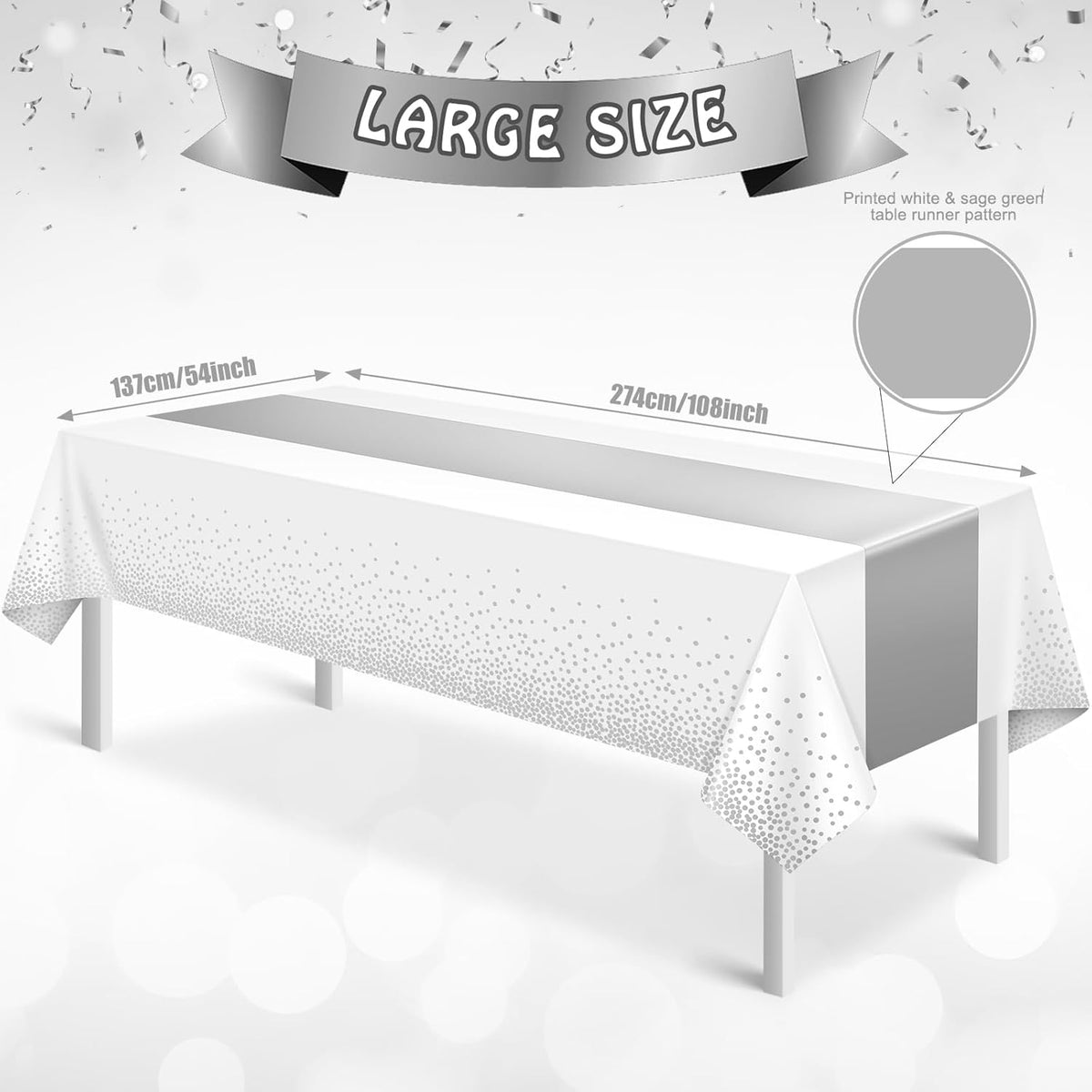 MASHAN 1Pcs White Silver Tablecloth Party Decorations,Plastic White Table Cloth Printed Silver Runner Disposable Rectangle Table Cover for Birthday Wedding Anniversary Graduation Party,54 x108 Inch