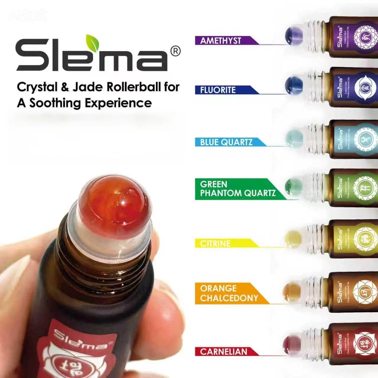 Slema 7 Chakra Essential Oil Roller Gift Set - 7x5ml with Natural Crystal & Jade Rollerballs, Plant-Based Blends for Meditation, Yoga (5mlx7)