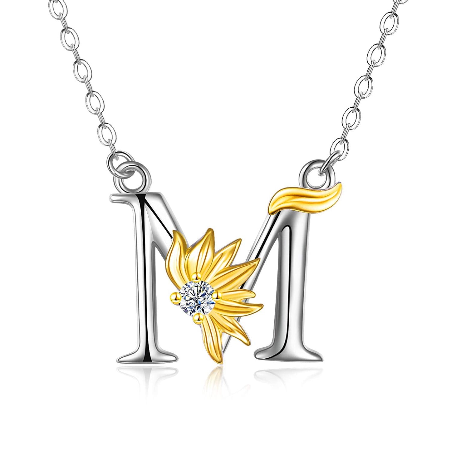 POPLYKE Sterling Silver Initial Alphabet Letter Script Name Pendant Chain Necklace for Women for (Sunflower M)