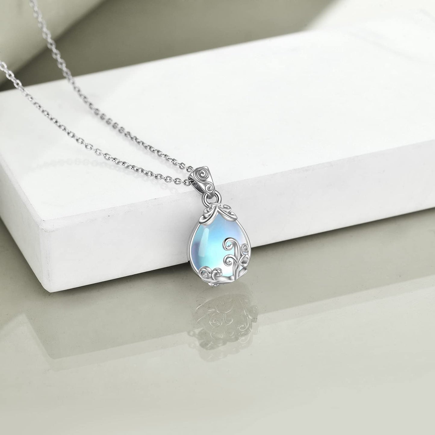POPLYKE Sterling Silver Moonstone Filigree Teardrop Pendant Necklace Gemstone Crystal Jewelry for Women