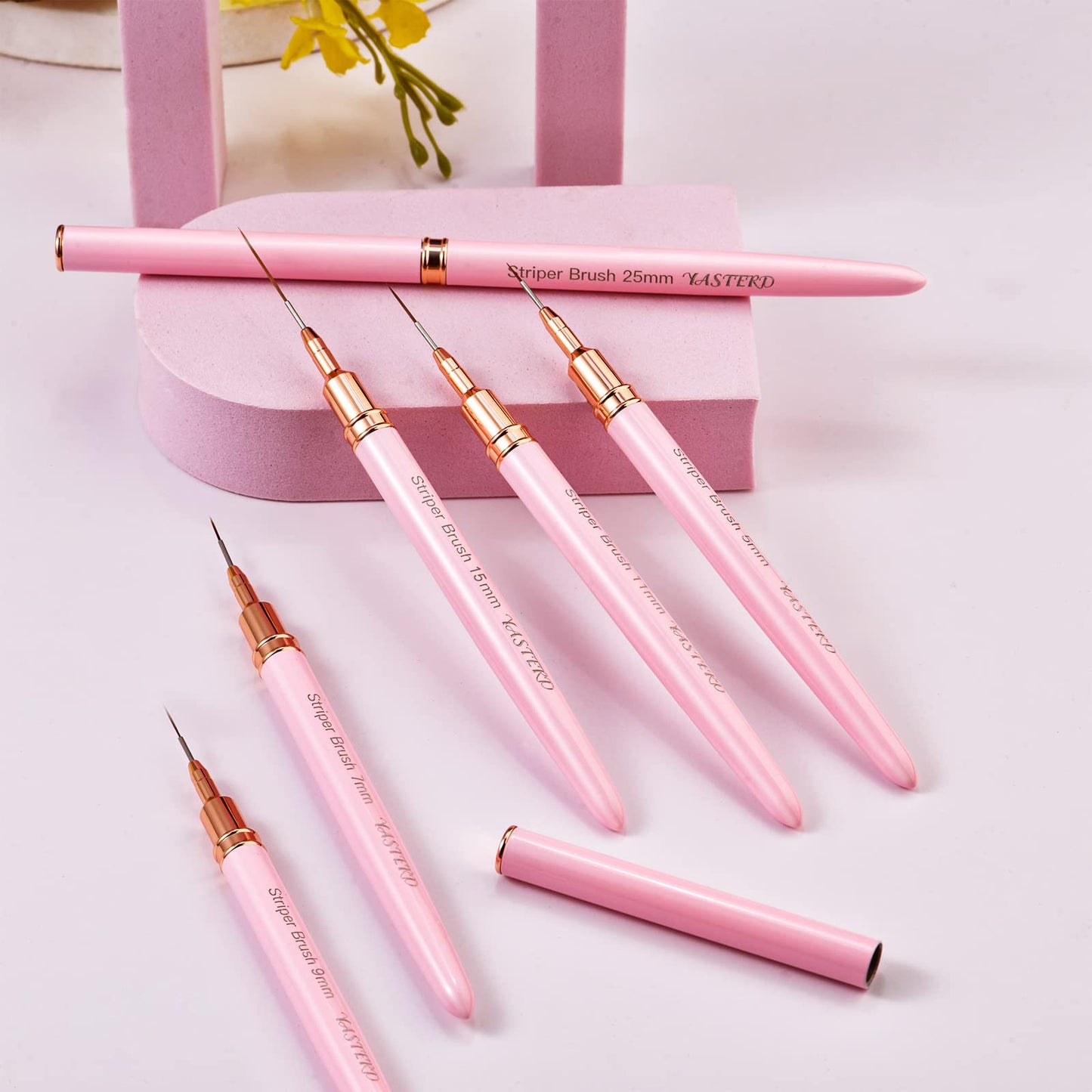 Yasterd Pink Metal Handle Nail Art Brushes, 6pcs Striper Set for Long Lines, Thin Details, Fine Drawing, Delicate Coloring, Elongated Lines, Sizes 5/7/9/11/15/25mm