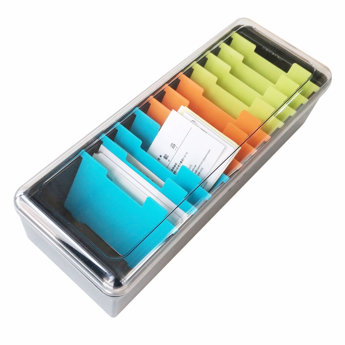 Business Card Organizer: 500 Card Storage Box with 11 Dividers
