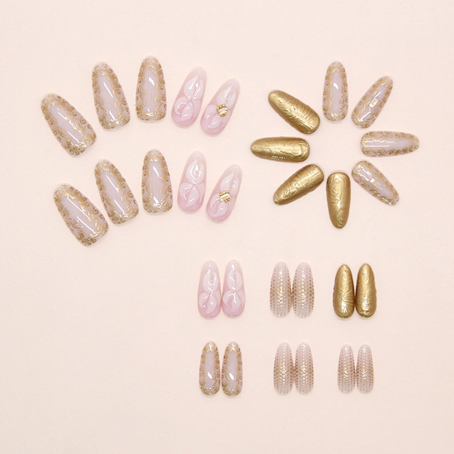 30Pc White Flower Press on Nails Medium Almond Fake Nails with 3D Gems Designs Chrome Gold False Nails Irregular Gilded Lines Full Cover Gold Polka Dots Glossy Gel Artificial Stick on Nails for Women