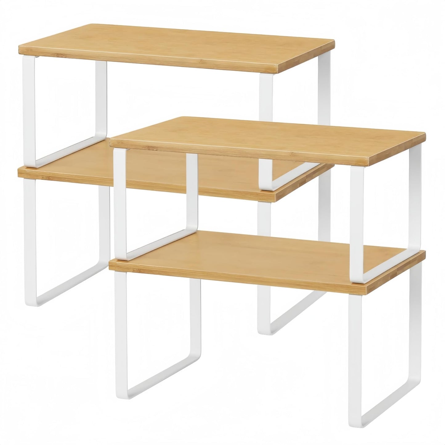 NEX Bamboo Kitchen Cabinet and Counter Shelf Organizer, Stackable & Expandable, Set of 4, White and Natural