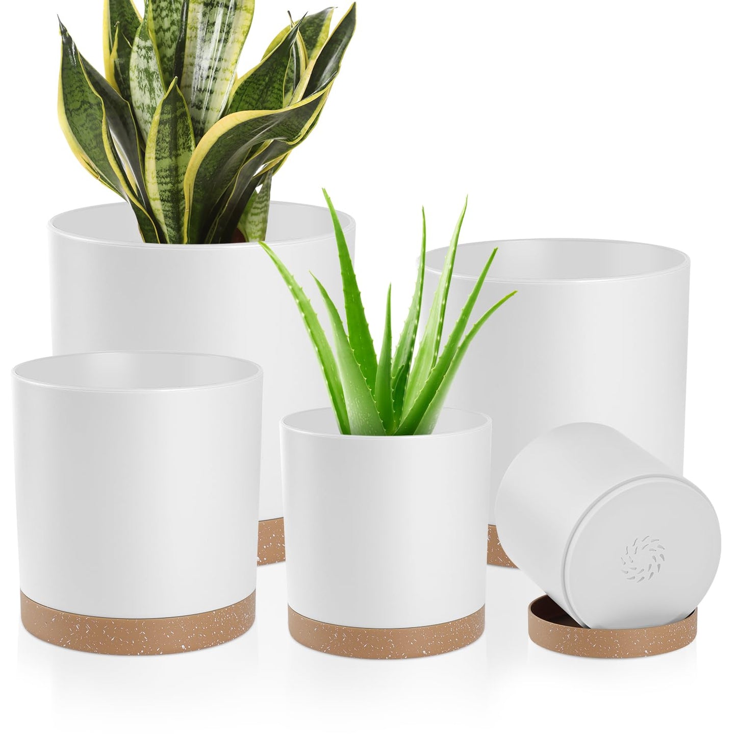 YNNICO Plant Pots with Drainage Holes and Saucers – 7, 6.5, 6, 5, 4 Inch Plastic Planters for Indoor Outdoor Plants, Modern Matte Finish, Lightweight & Durable（White
