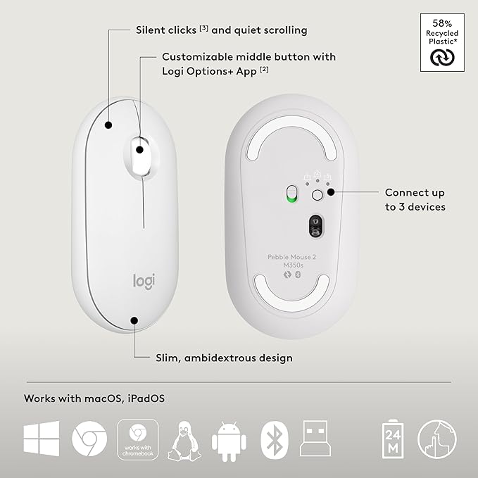 Logitech Pebble 2 Combo, Wireless Keyboard and Mouse, Quiet and Portable, Customizable, Logi Bolt, Bluetooth, Easy-Switch for Windows, macOS, iPadOS, Chrome - Tonal White
