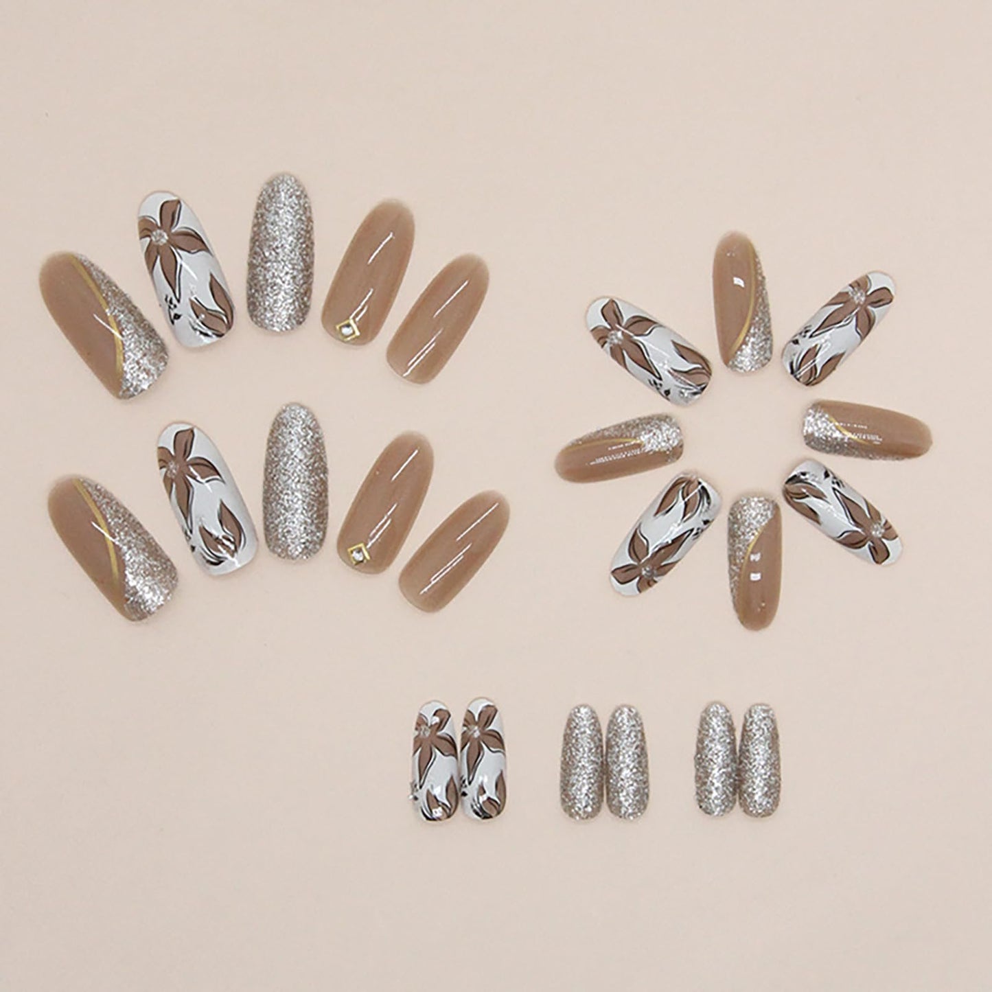 RTKHFZE Fall Press On Nails Oval Almond, Medium Fake Nails Brown Flower Stick Ons with Bling Glitter Designs, 24Pcs Autumn Nails Press Ons for Women