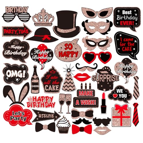 Happy Birthday Photo Booth Props, Women Girls Birthday Photoshoot Funny Bday Party Photography Props Favor Centerpiece Sticks Decorations 40 PCS