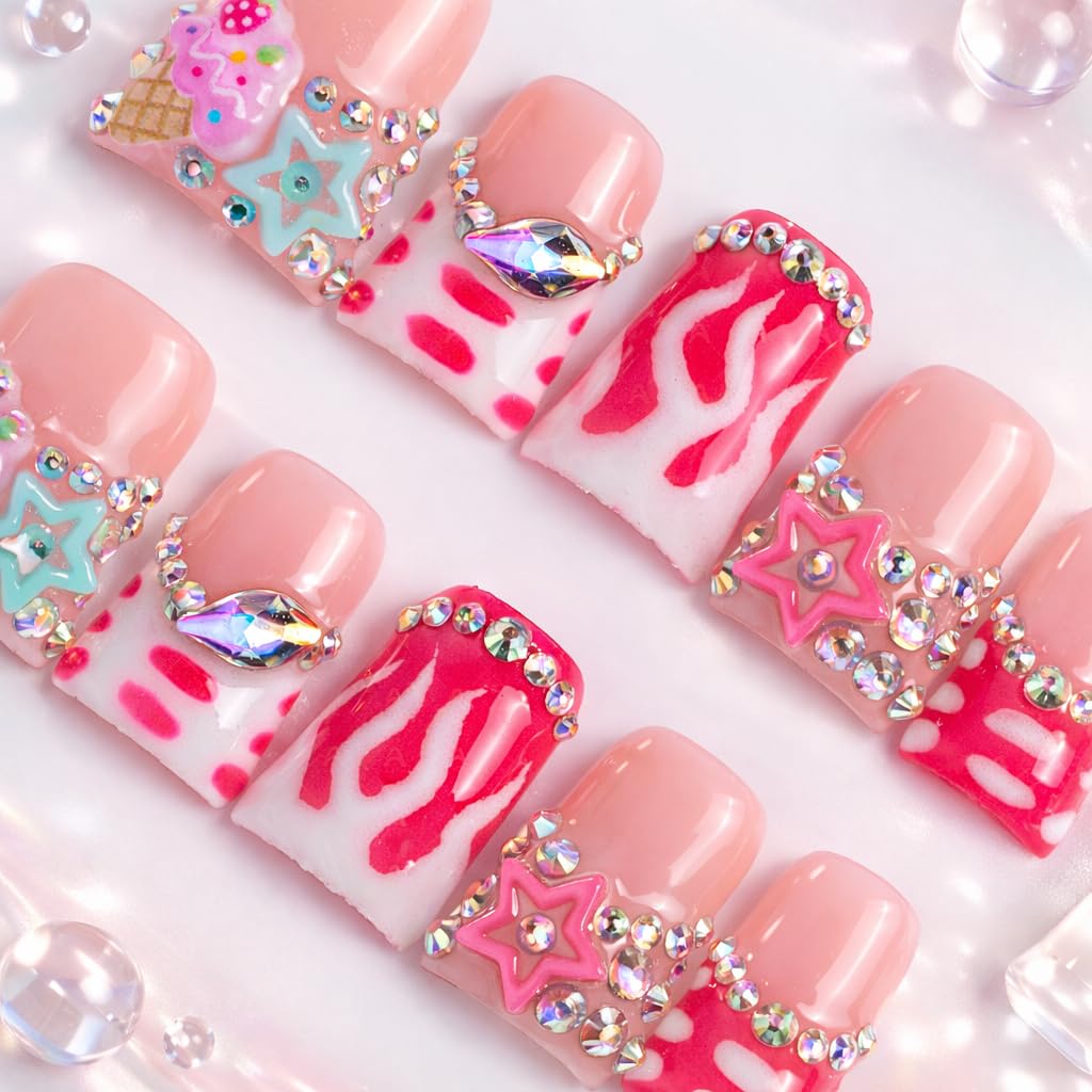 IntoVibes 10 Pieces Luxury Acrylic Press On Nails Short Handmade Duck Nails, Pink Thickened False French Nails, Flame And Rhinestone, Reusable Fake Nails, Glow-in-the-dark Nails (L)